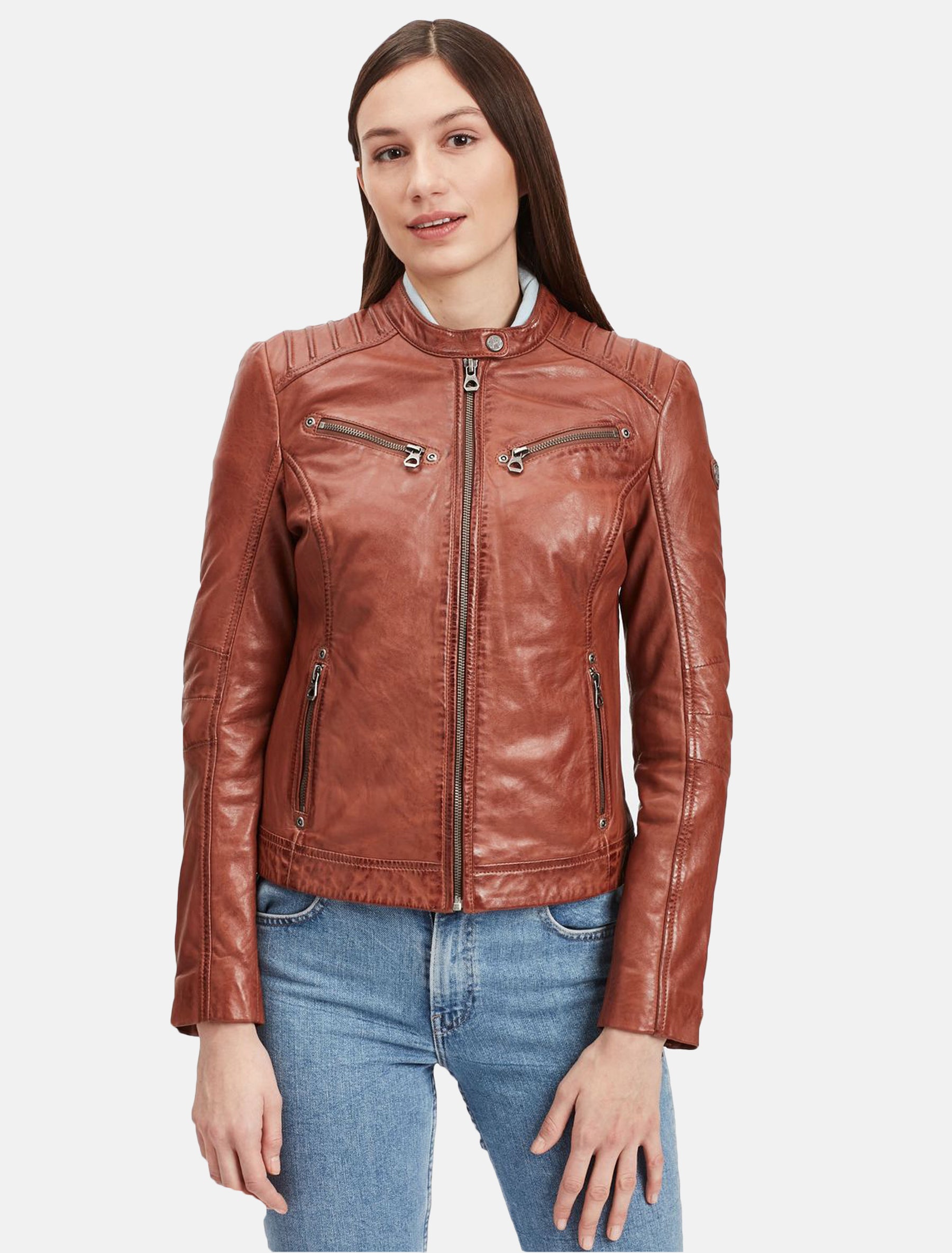 Damen Biker Lederjacke mit gesteppten Schultern - GGSalla NZLV in cognac