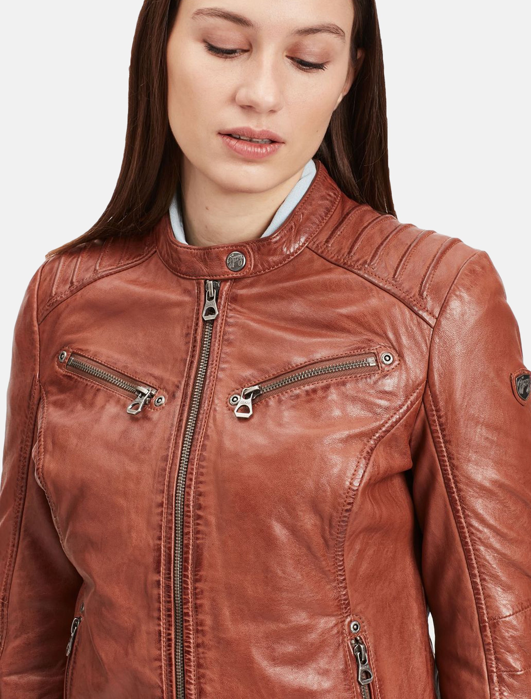 Damen Biker Lederjacke mit gesteppten Schultern - GGSalla NZLV in cognac