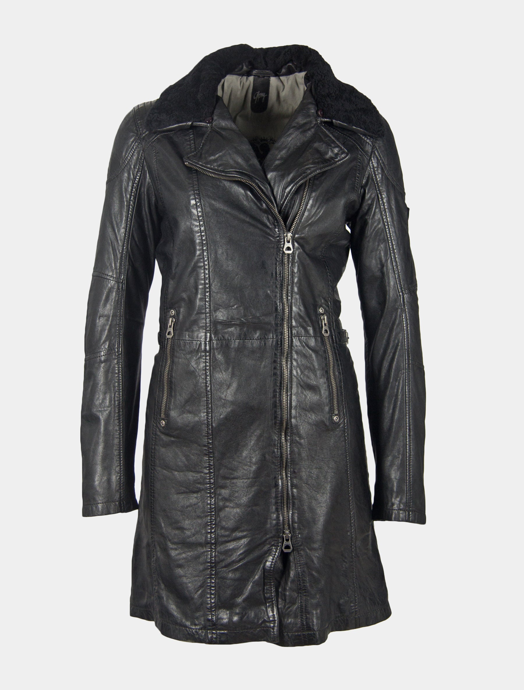 Damen Kurzmantel mit abnehmbarem Lammfell Kragen - GGScylla LATEV in schwarz