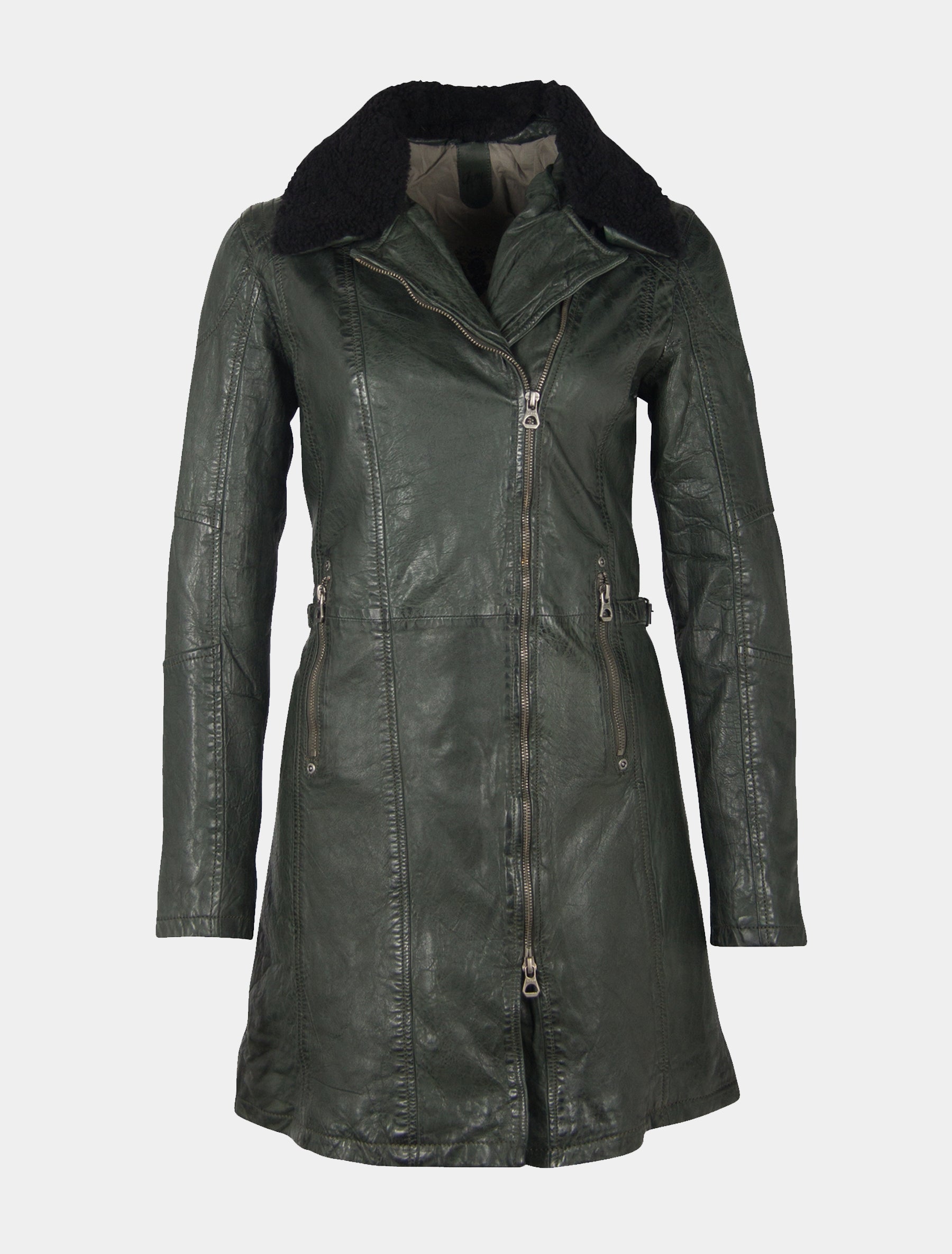 Damen Kurzmantel mit abnehmbarem Lammfell Kragen - GGScylla LATEV in forest green