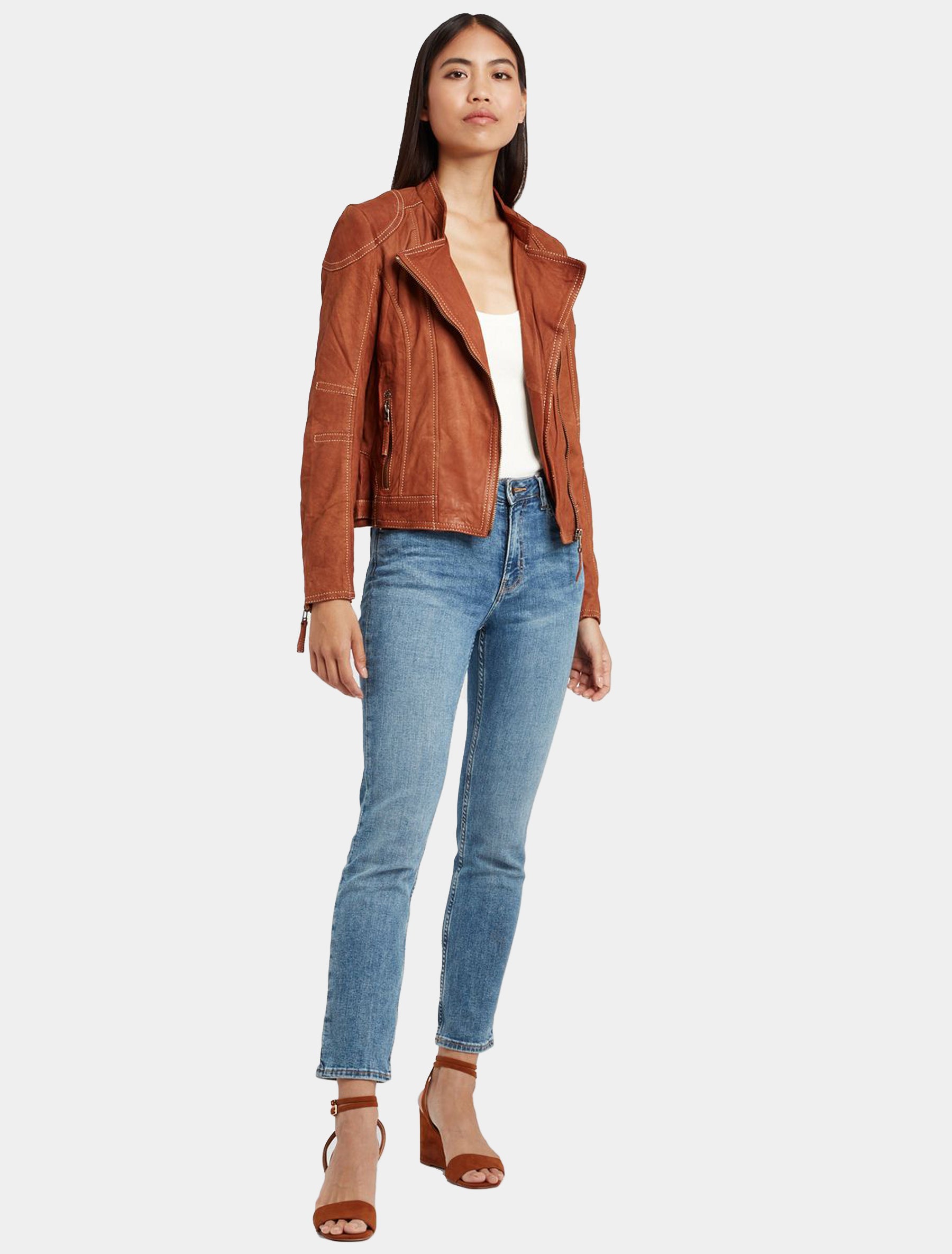 Klassische Damen Biker Lederjacke aus Nubukleder - GGShakyra LNUV in cognac