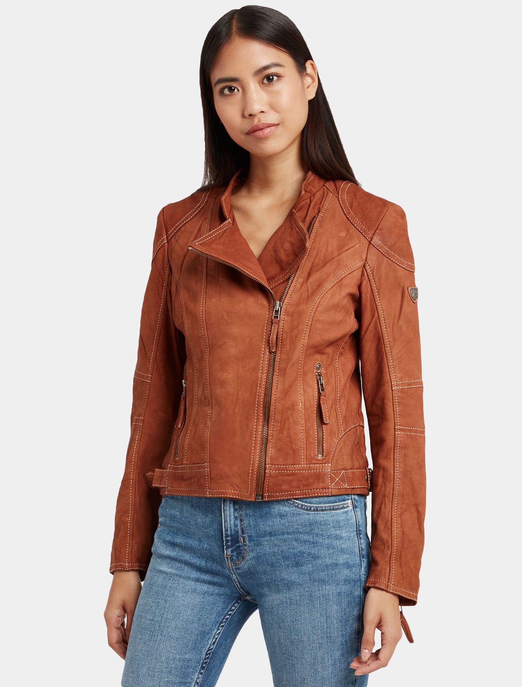 Klassische Damen Biker Lederjacke aus Nubukleder - GGShakyra LNUV in cognac