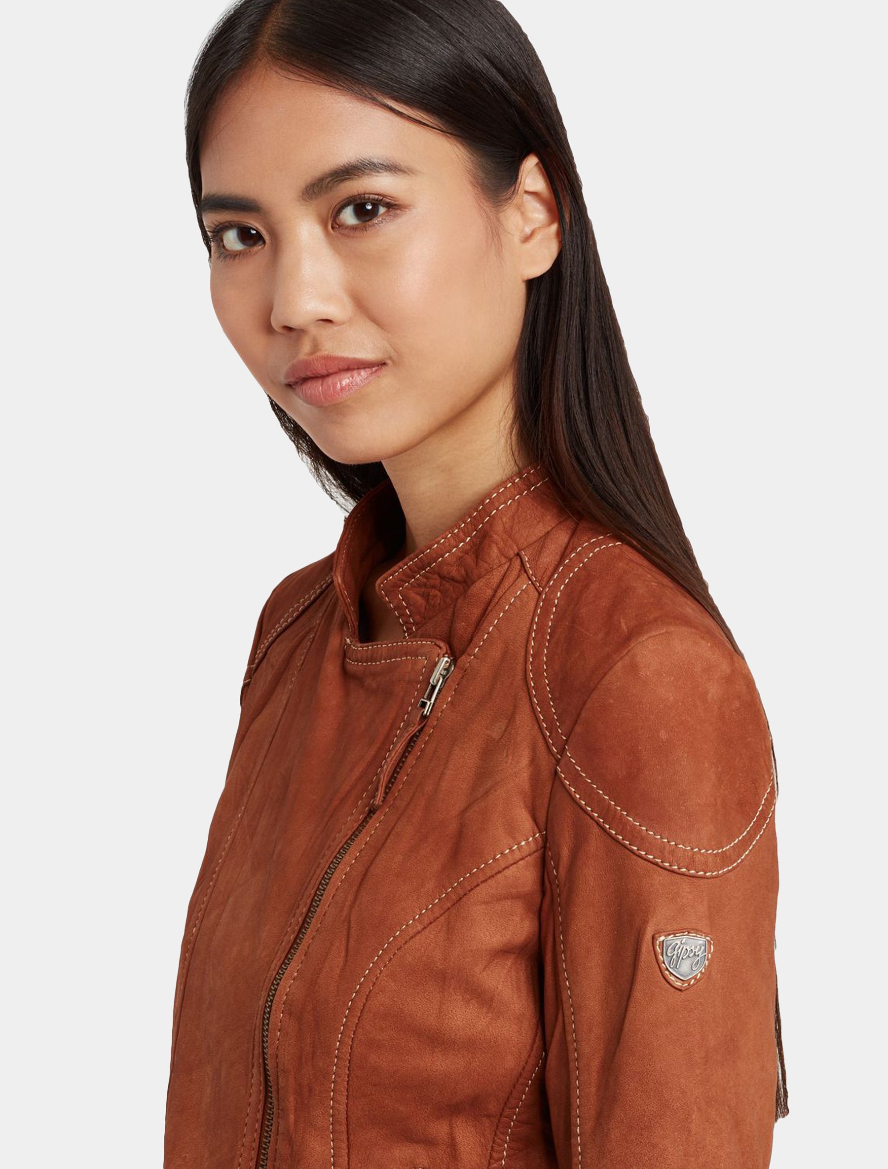 Klassische Damen Biker Lederjacke aus Nubukleder - GGShakyra LNUV in cognac