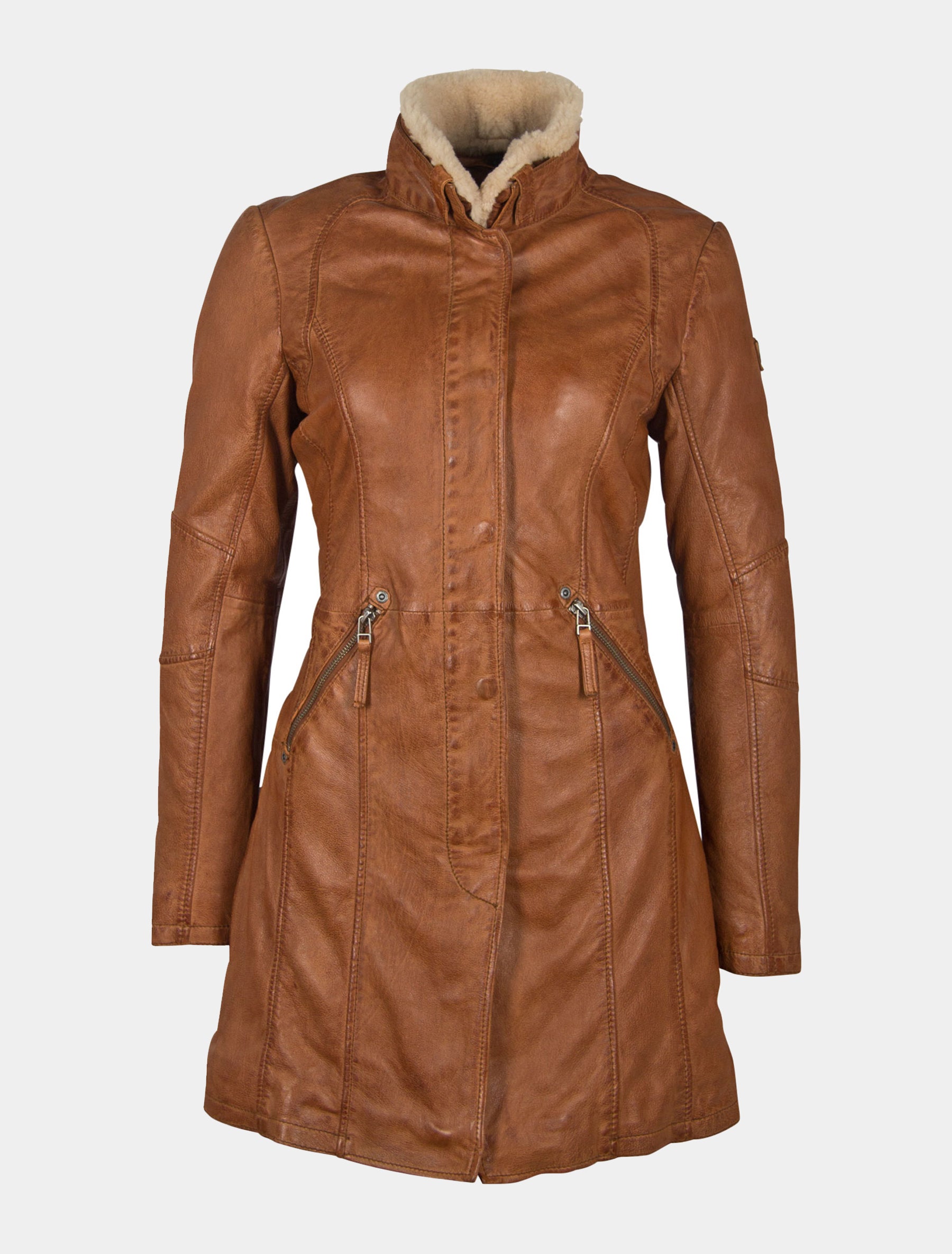 Damen Kurzmantel mit abnehmbarem Lammfell Kragen - GGSilah LEGV in cognac