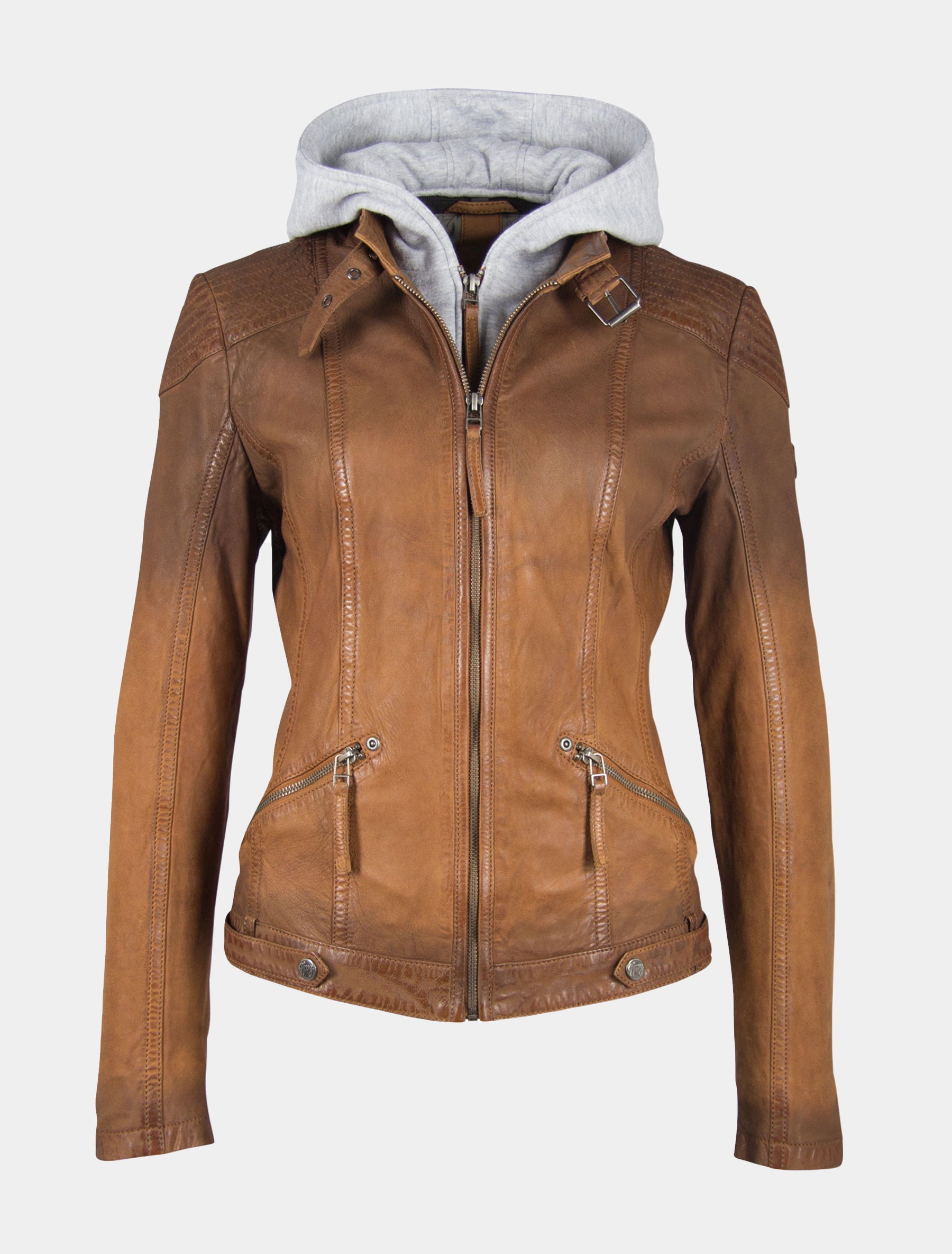 Damen Biker Lederjacke mit abnehmbarer Kapuze und Farbverlauf - GGTiffy LAMOV in cognac