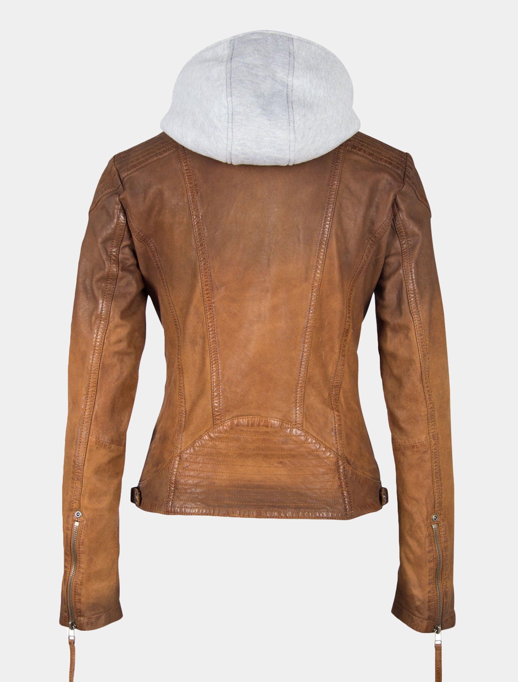 Damen Biker Lederjacke mit abnehmbarer Kapuze und Farbverlauf - GGTiffy LAMOV in cognac