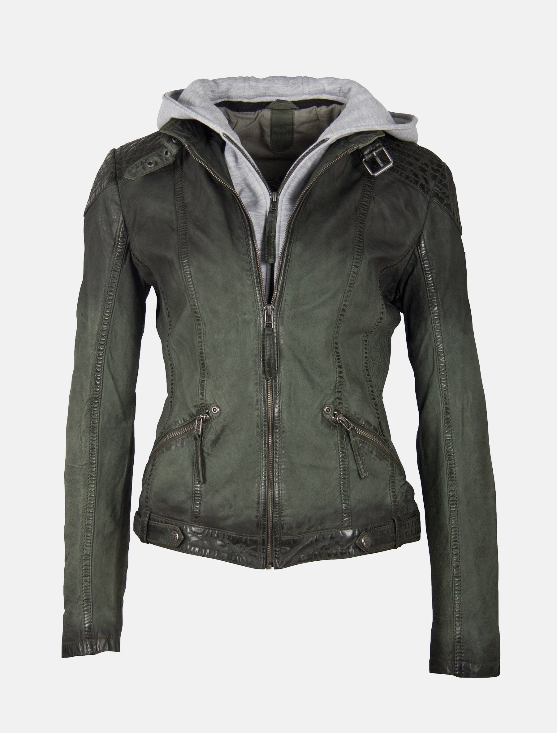 Damen Biker Lederjacke mit abnehmbarer Kapuze und Farbverlauf - GGTiffy LAMOV in grün