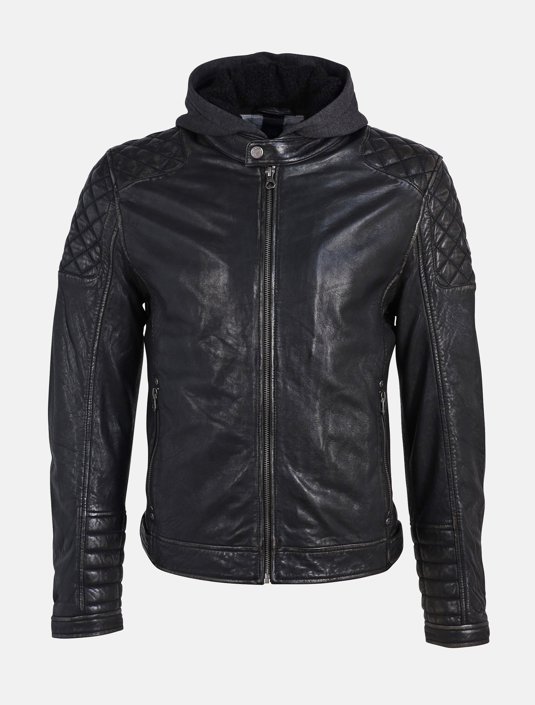 Herren Bikerjacke Lederjacke mit abnehmbarer Kapuze - GMBako LAROV in schwarz antik