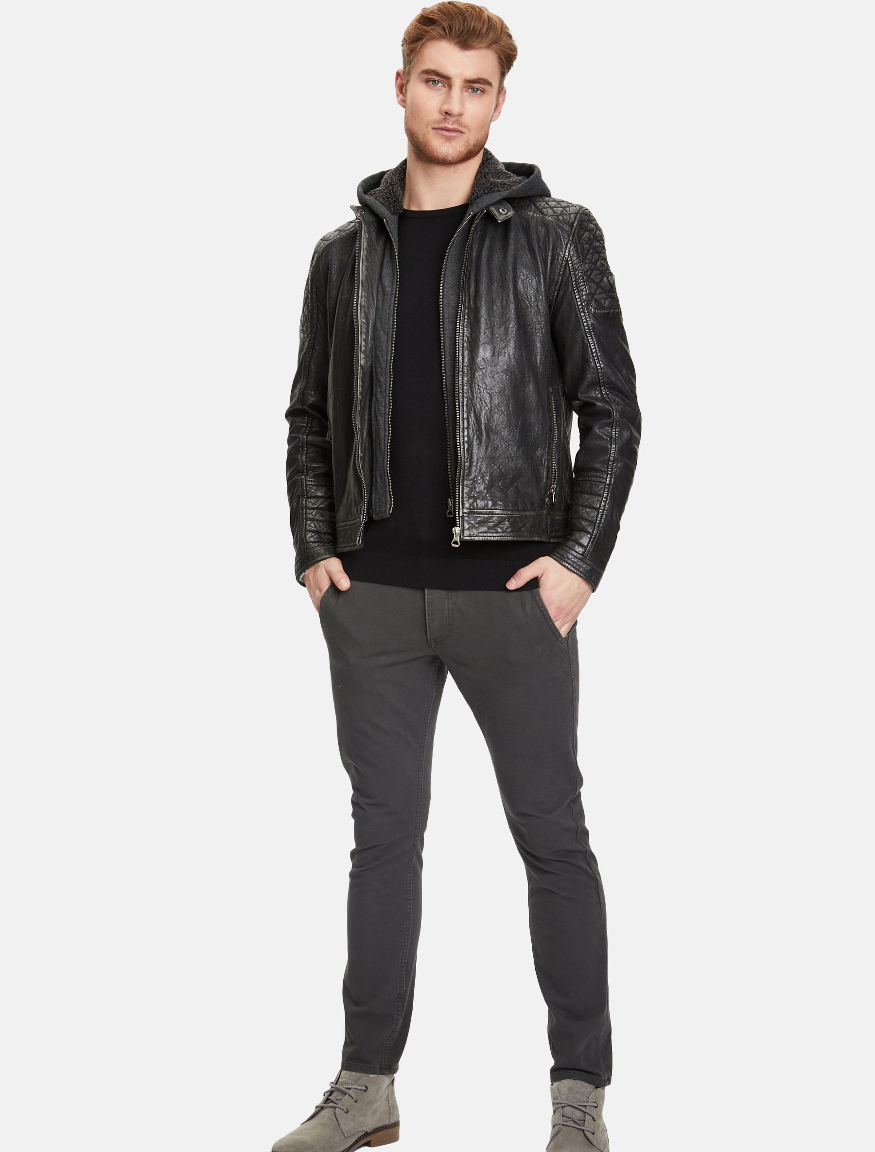 Herren Bikerjacke Lederjacke mit abnehmbarer Kapuze - GMBako LAROV in schwarz antik