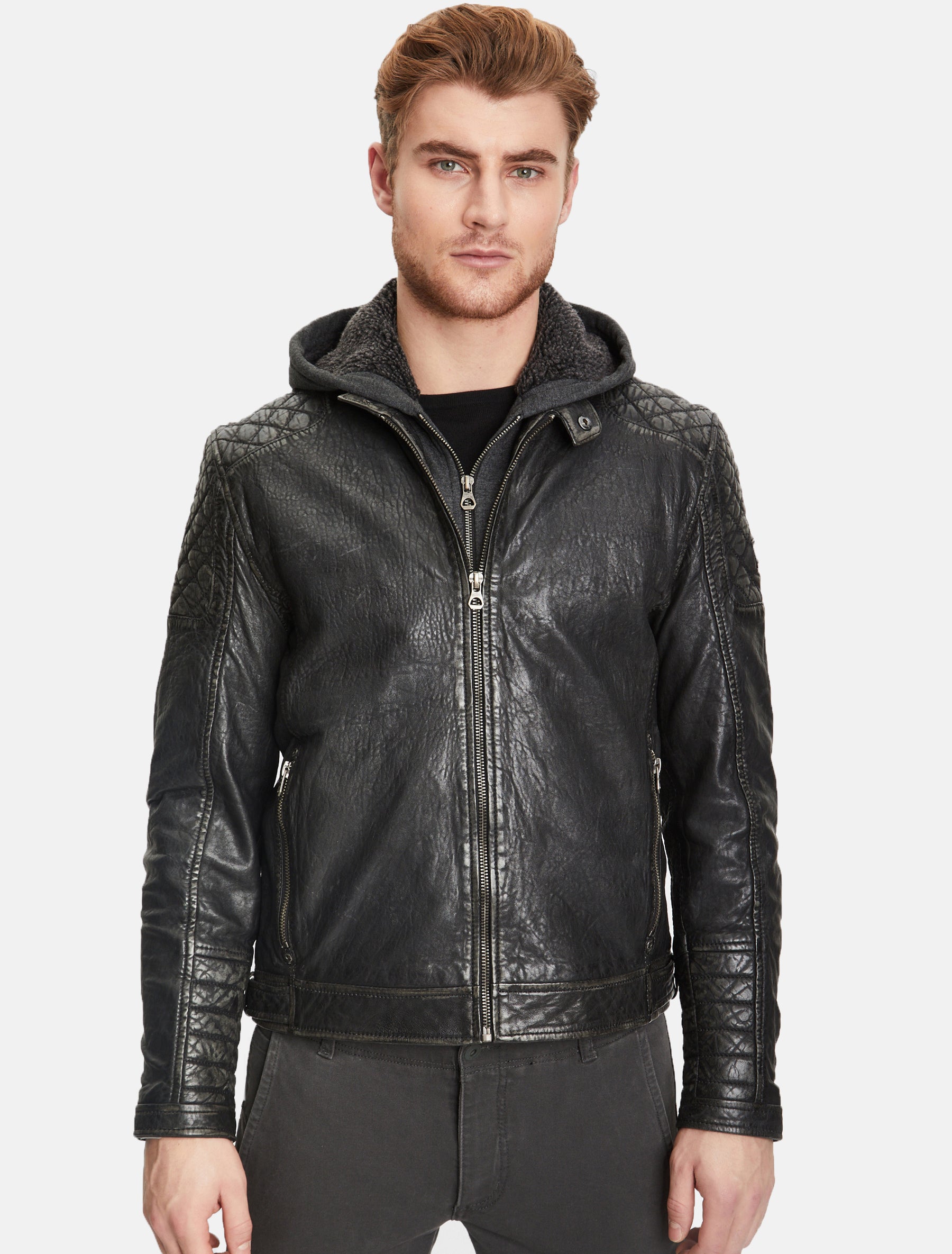 Herren Bikerjacke Lederjacke mit abnehmbarer Kapuze GMBako LAROV in schwarz antik