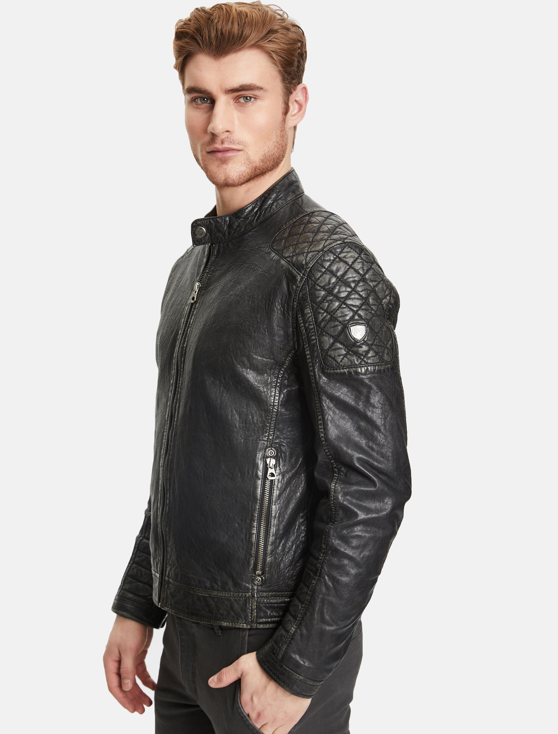 Herren Bikerjacke Lederjacke mit abnehmbarer Kapuze - GMBako LAROV in schwarz antik