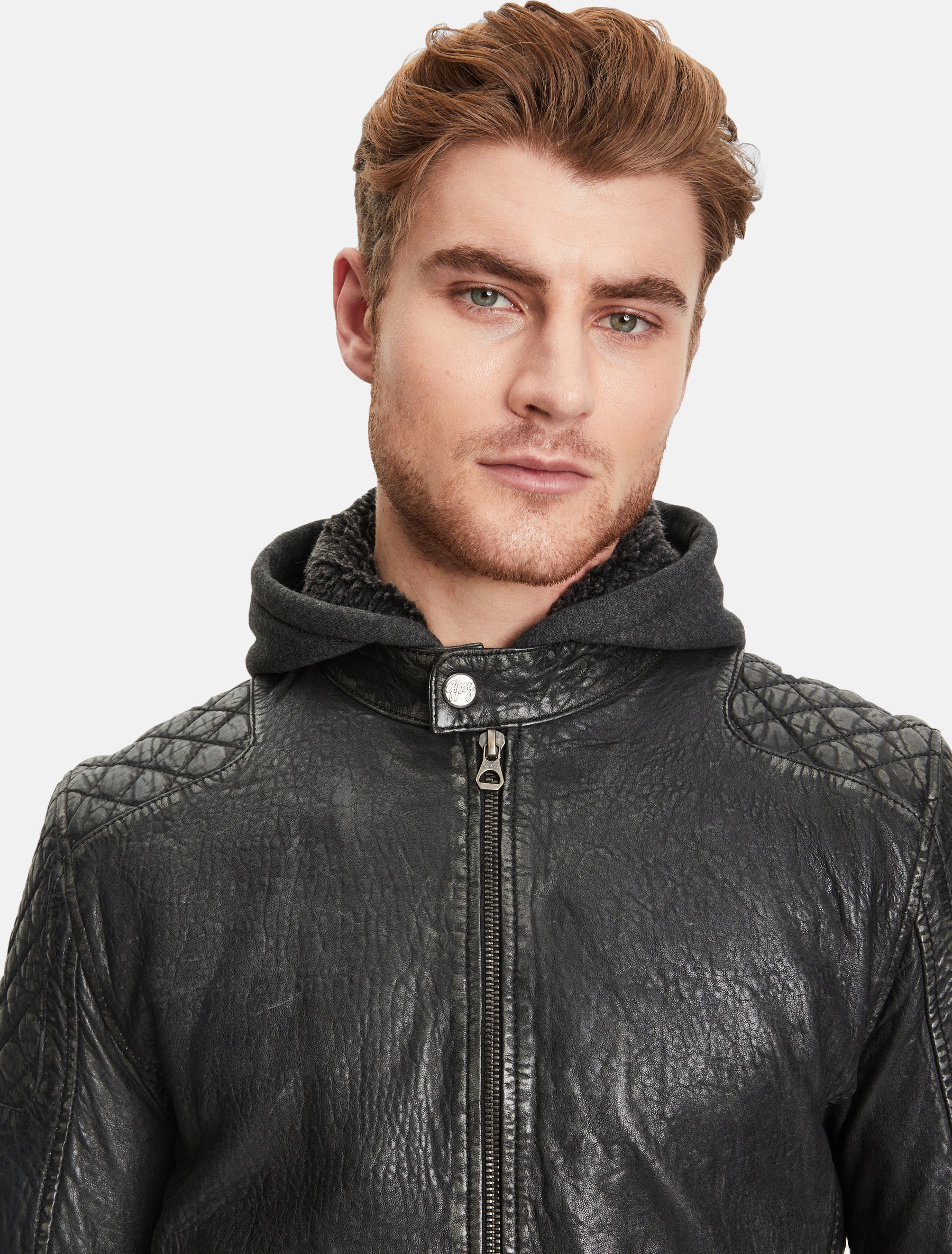 Herren Bikerjacke Lederjacke mit abnehmbarer Kapuze - GMBako LAROV in schwarz antik