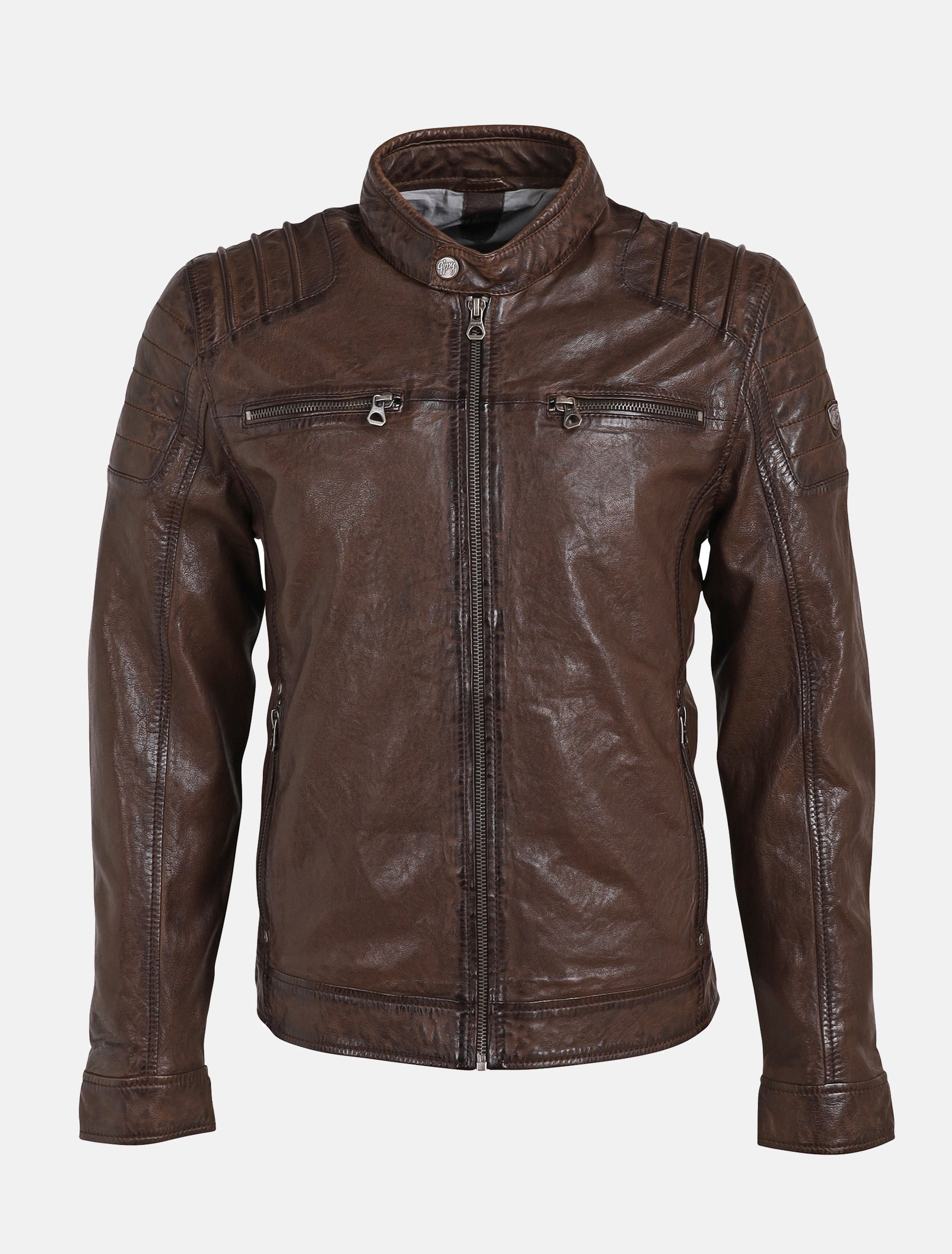 Herren Biker Lederjacke mit Stehkragen und Brusttaschen - GMBatar LVV in braun