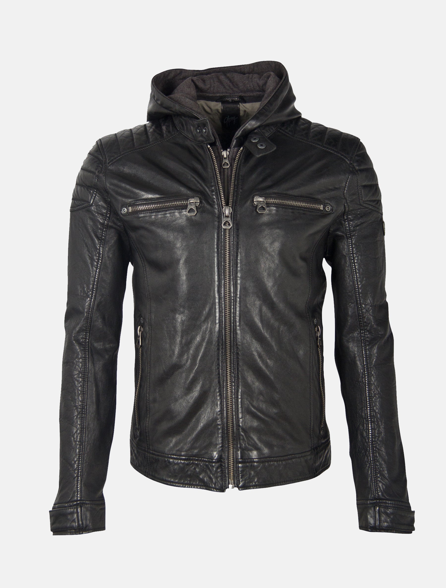 Bikerjacke Herren Lederjacke mit abnehmbarer Kapuze - GMDigo LAOV in schwarz