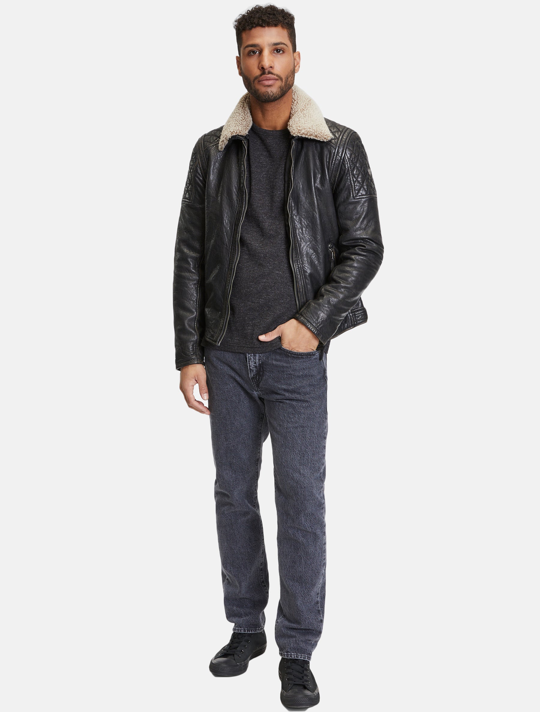 Herren Lederjacke im Bikerstil mit abnehmbarem hellem Kragen - GMDrylo LAROV W in schwarz antik