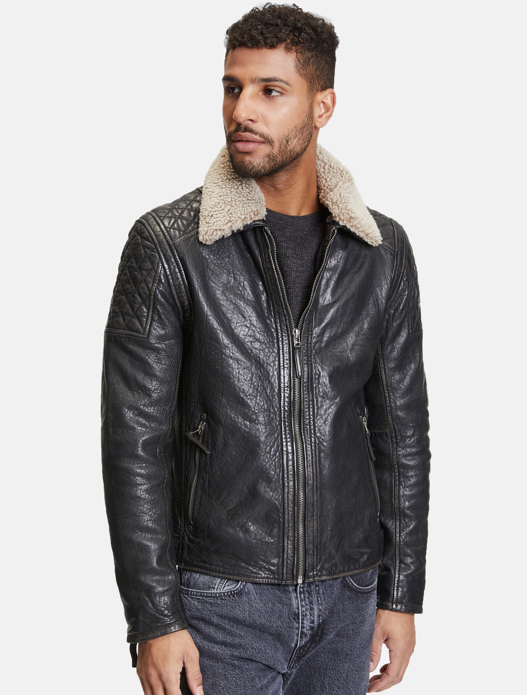 Herren Lederjacke im Bikerstil mit abnehmbarem hellem Kragen - GMDrylo LAROV W in schwarz antik
