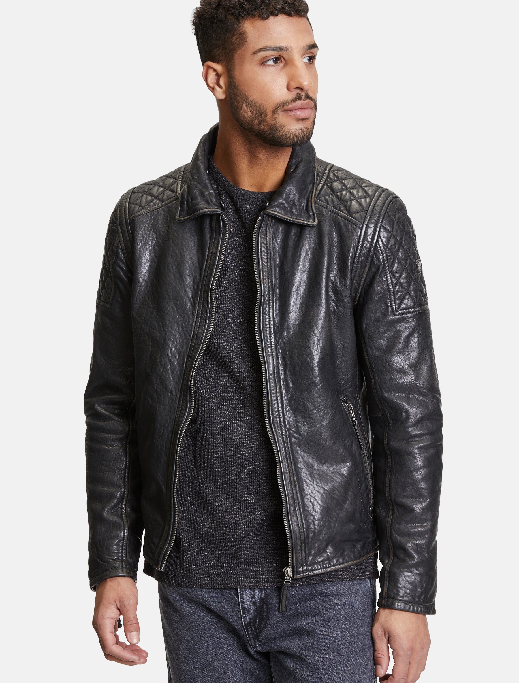 Herren Lederjacke im Bikerstil mit abnehmbarem hellem Kragen - GMDrylo LAROV W in schwarz antik