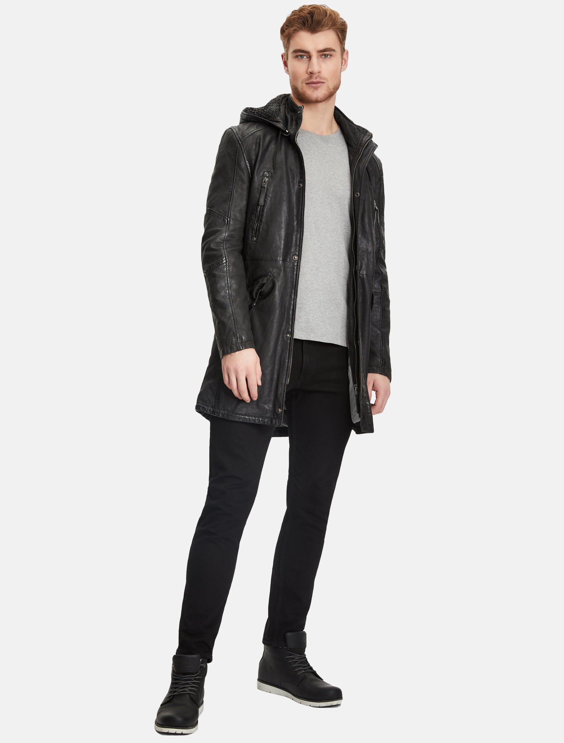 Herren lange Lederjacke Langjacke mit abnehmbarer Kapuze - GMEsmond LCOUNTV W in schwarz