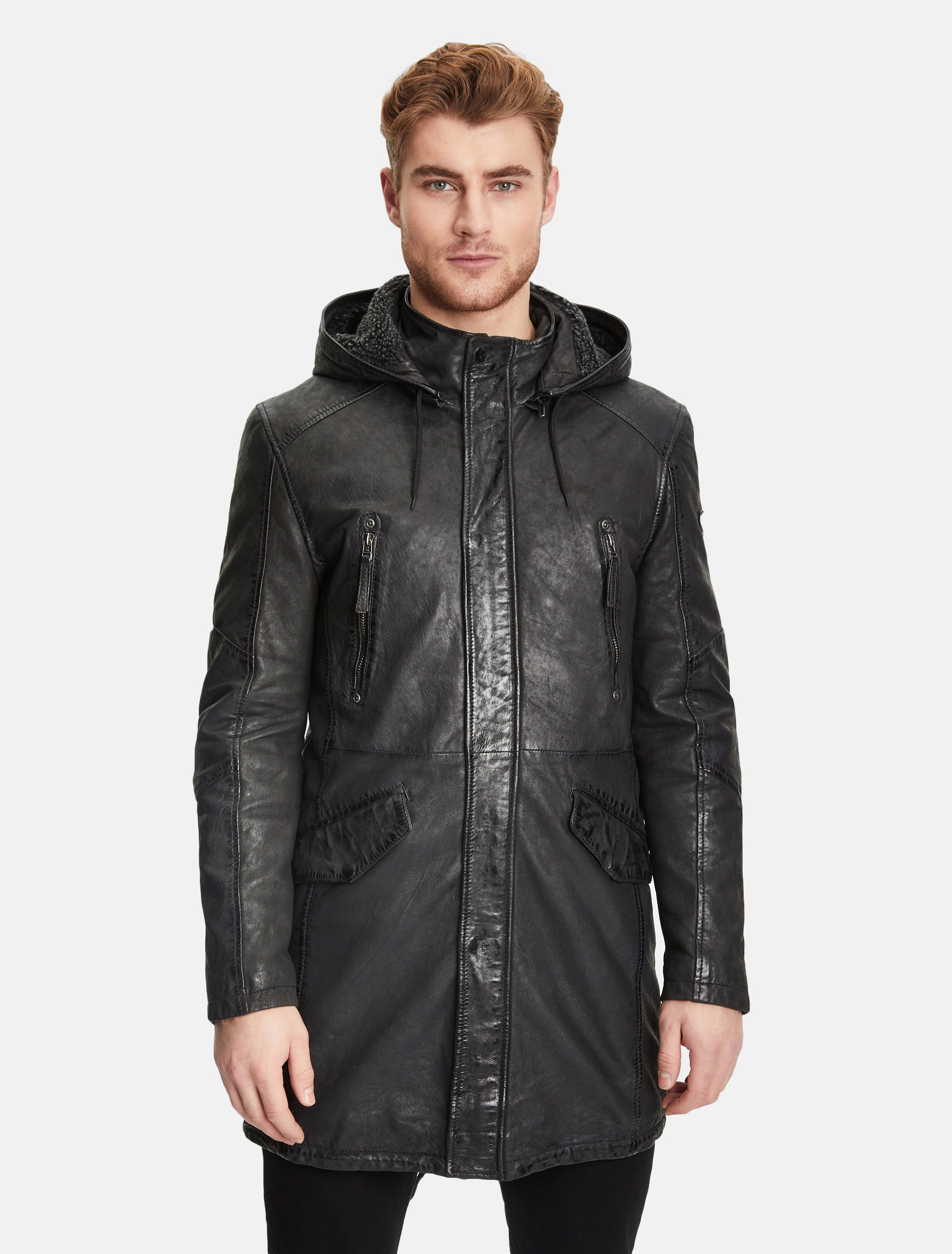 Herren lange Lederjacke Langjacke mit abnehmbarer Kapuze - GMEsmond LCOUNTV W in schwarz