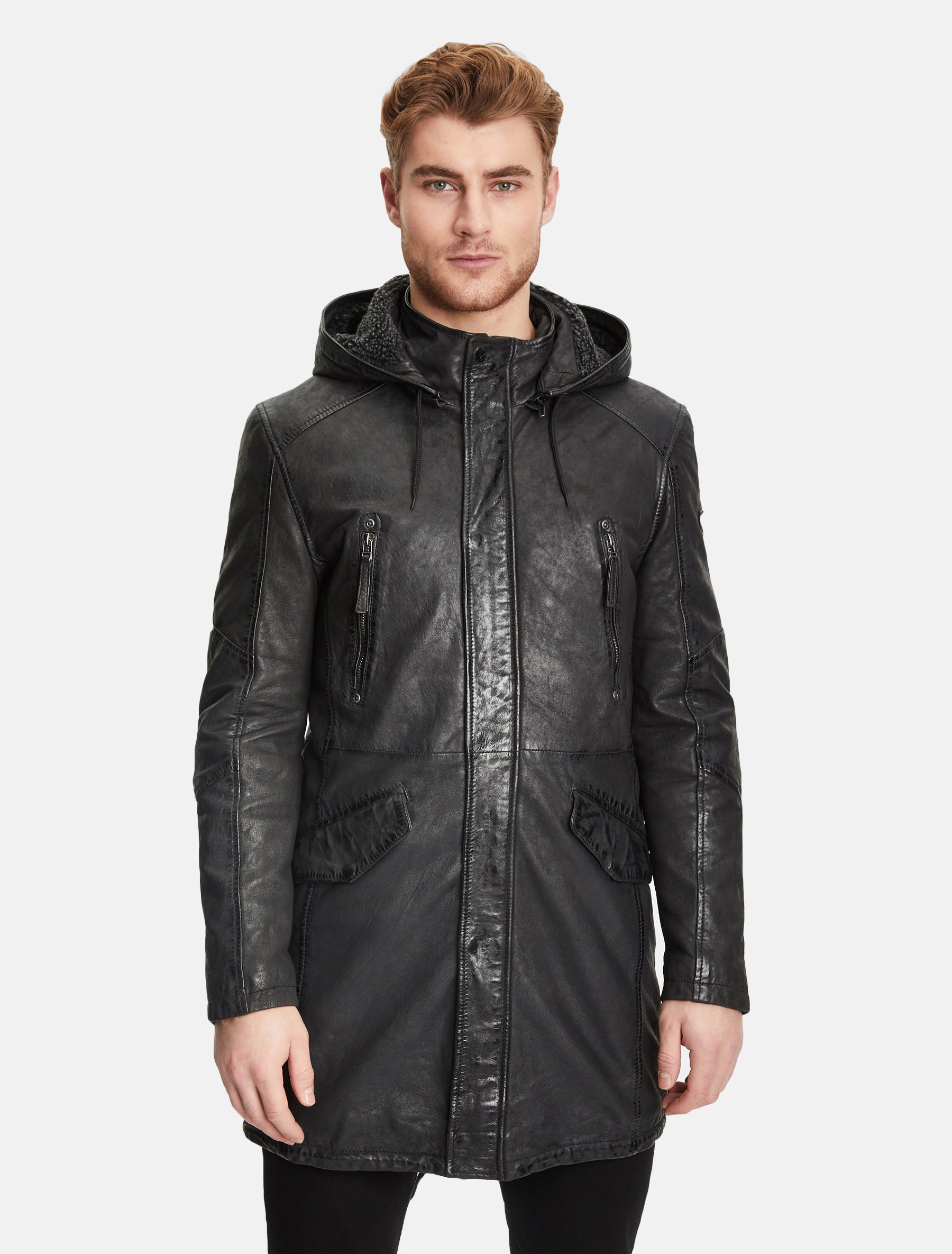 Herren lange Lederjacke Langjacke mit abnehmbarer Kapuze GMEsmond LCOUNTV W in schwarz