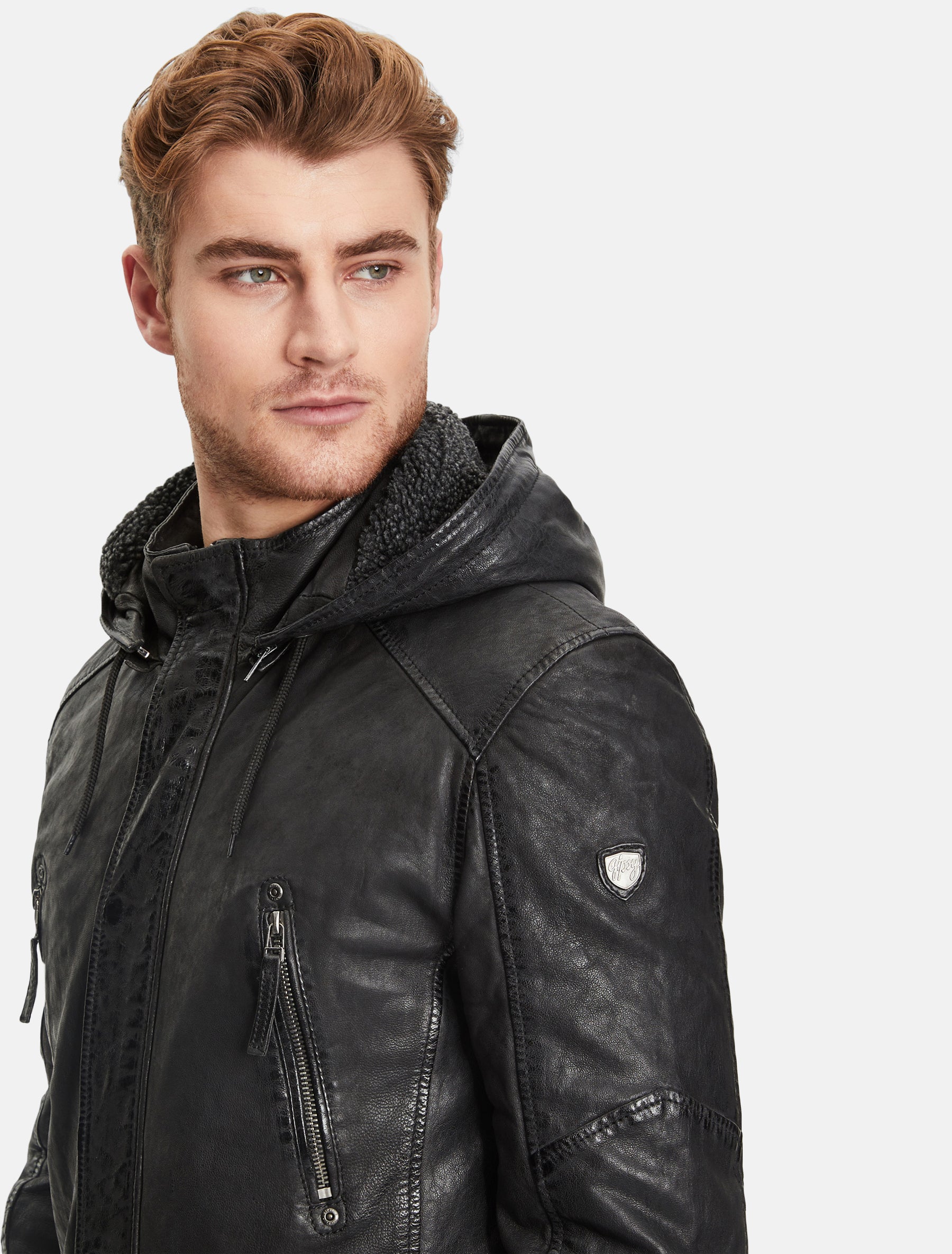Herren lange Lederjacke Langjacke mit abnehmbarer Kapuze - GMEsmond LCOUNTV W in schwarz