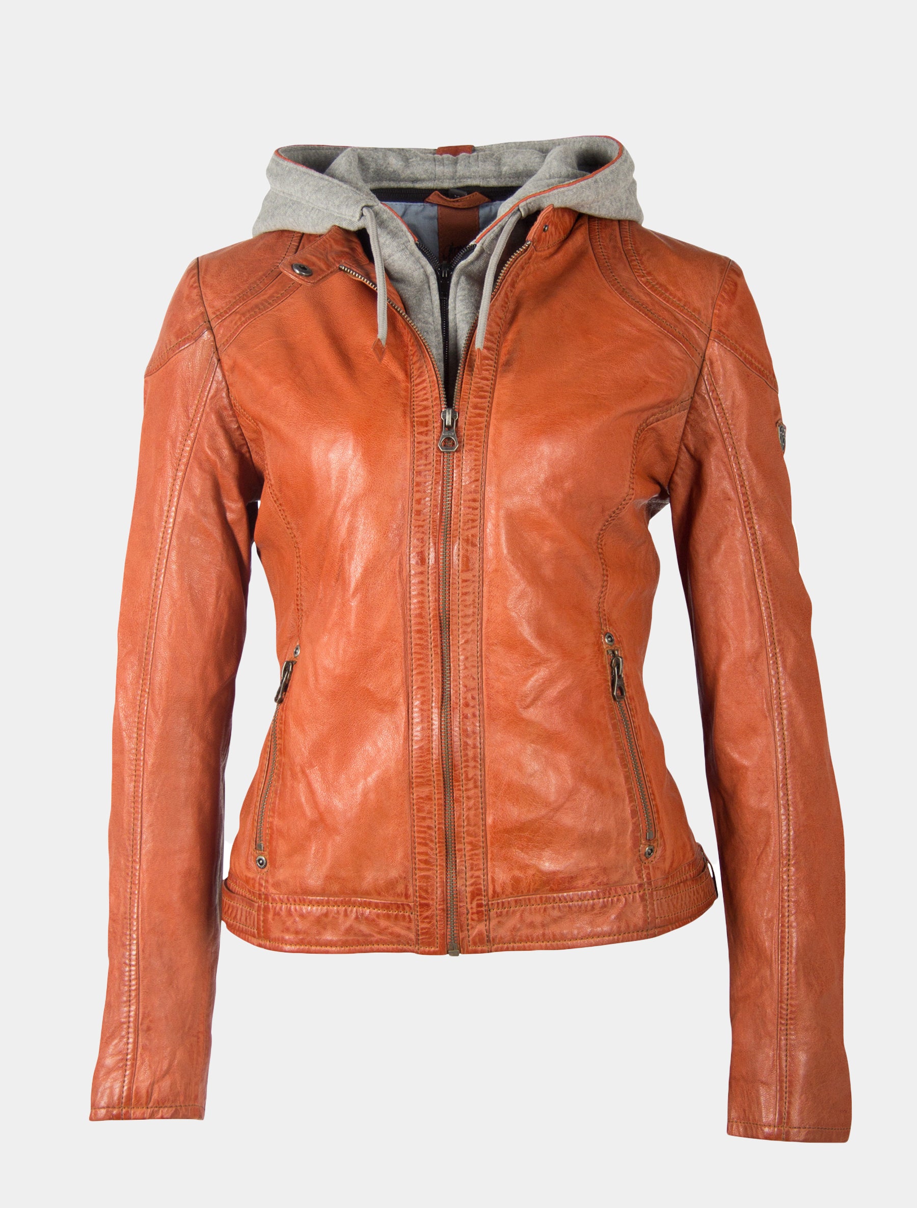 Damen Bikerjacke Lederjacke mit abnehmbarer Jersey Kapuze - GWAmmy LACUV in orange