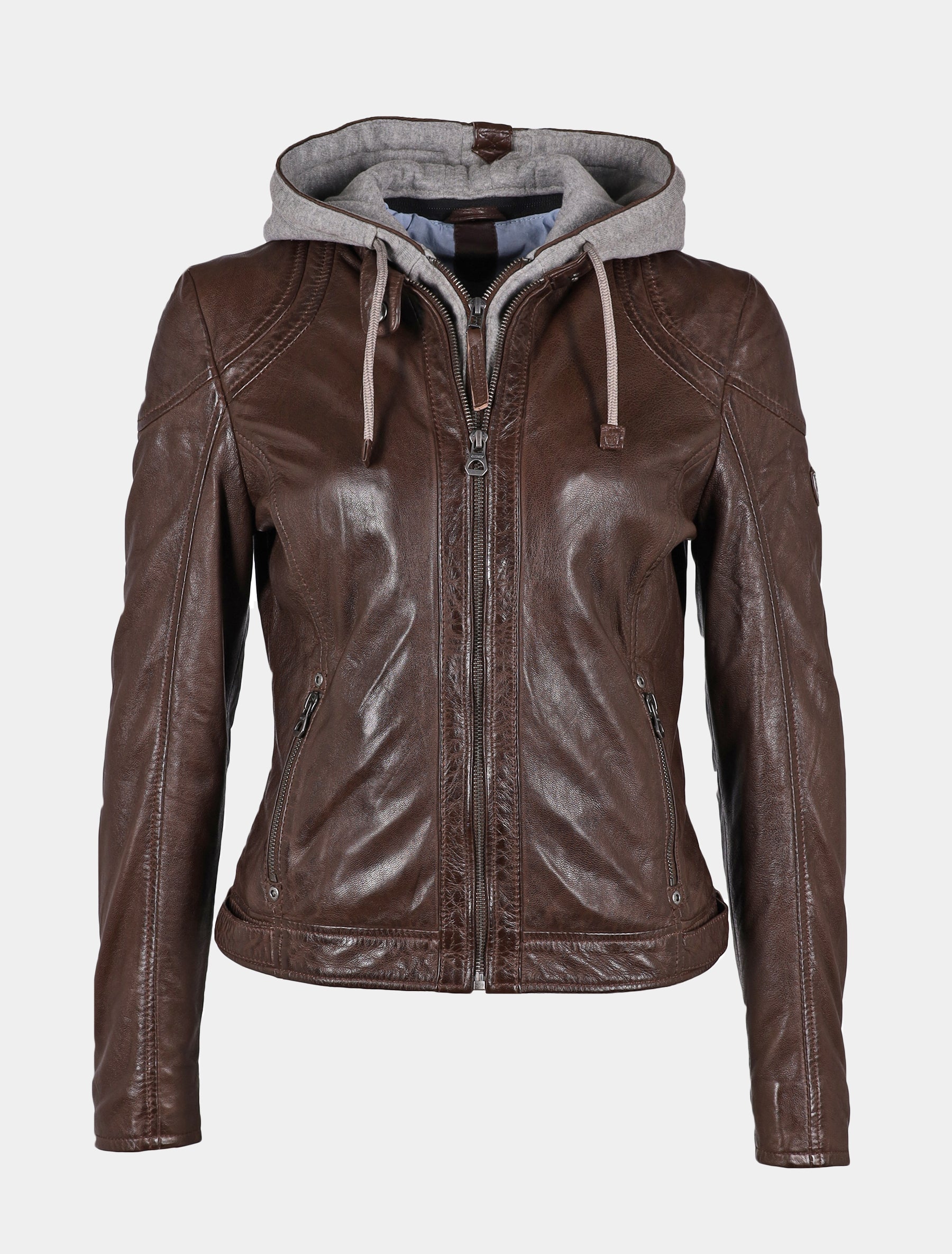 Damen Bikerjacke Lederjacke mit abnehmbarer Jersey Kapuze - GWAmmy LACUV in dunkelbraun