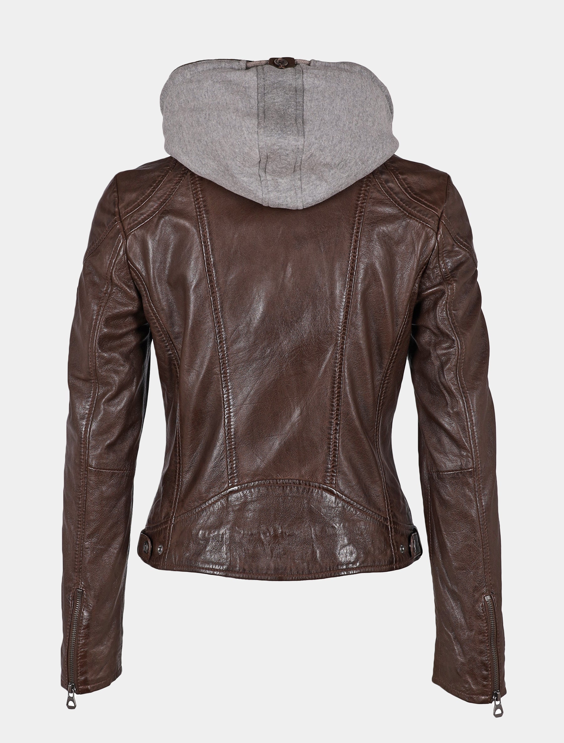 Damen Bikerjacke Lederjacke mit abnehmbarer Jersey Kapuze - GWAmmy LACUV in dunkelbraun