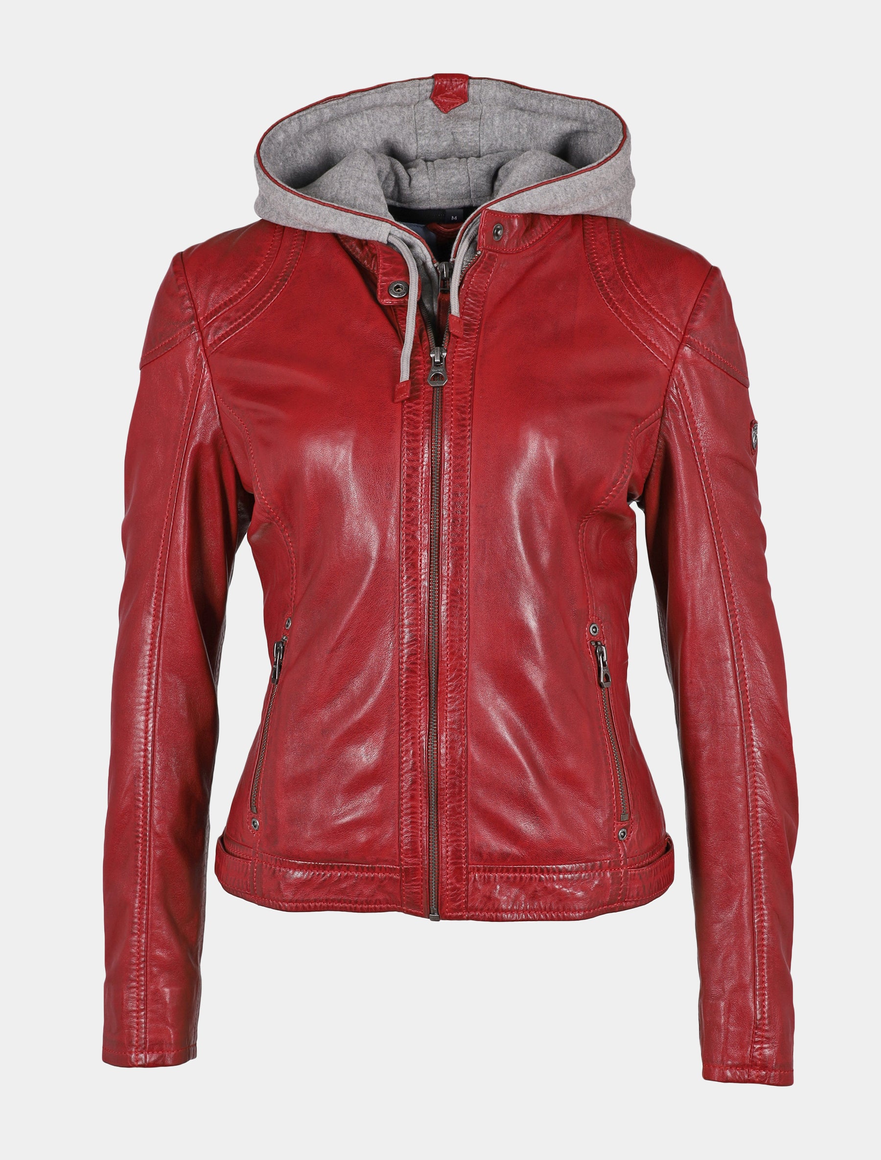Damen Bikerjacke Lederjacke mit abnehmbarer Jersey Kapuze - GWAmmy LACUV in rot