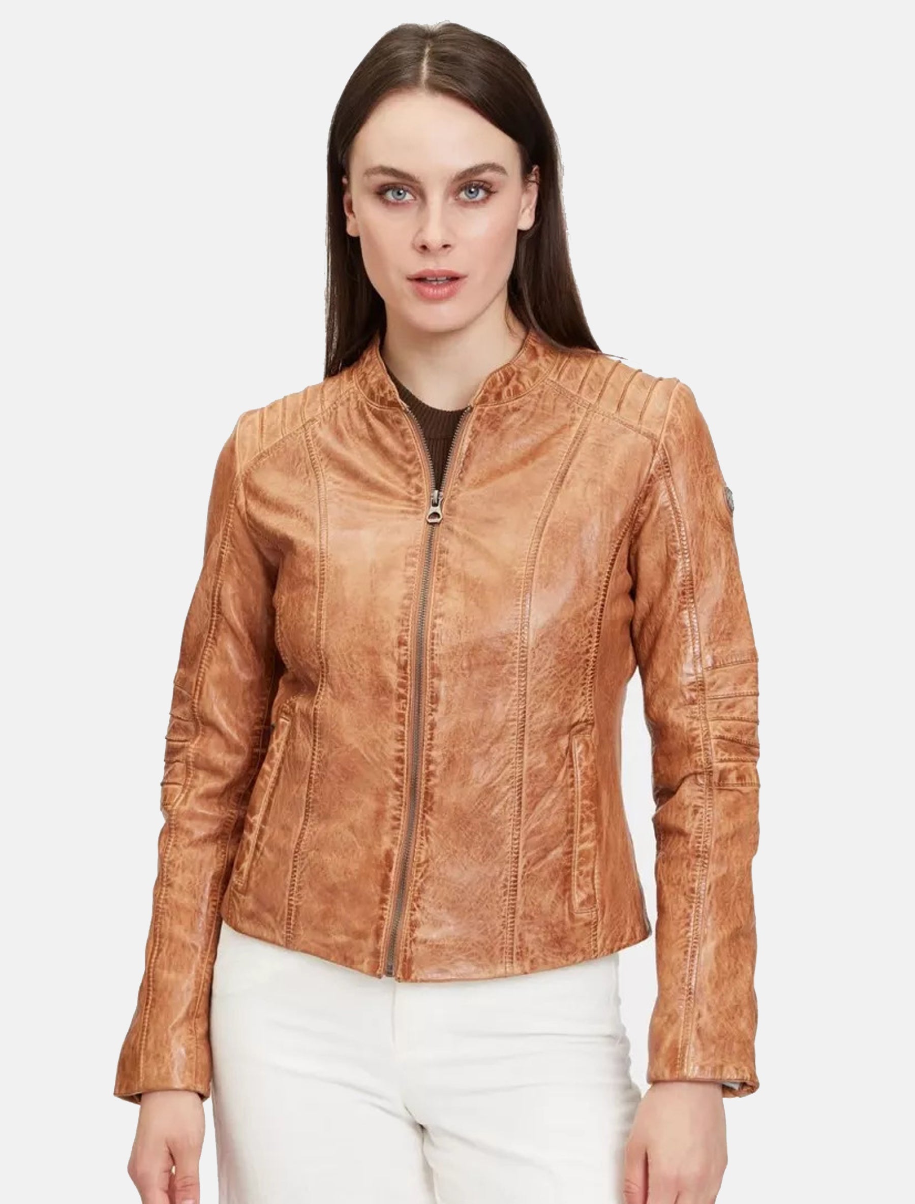 Kurze sportliche Damen Lederjacke mit Steppung - GWJuana S22 LONTV in camel