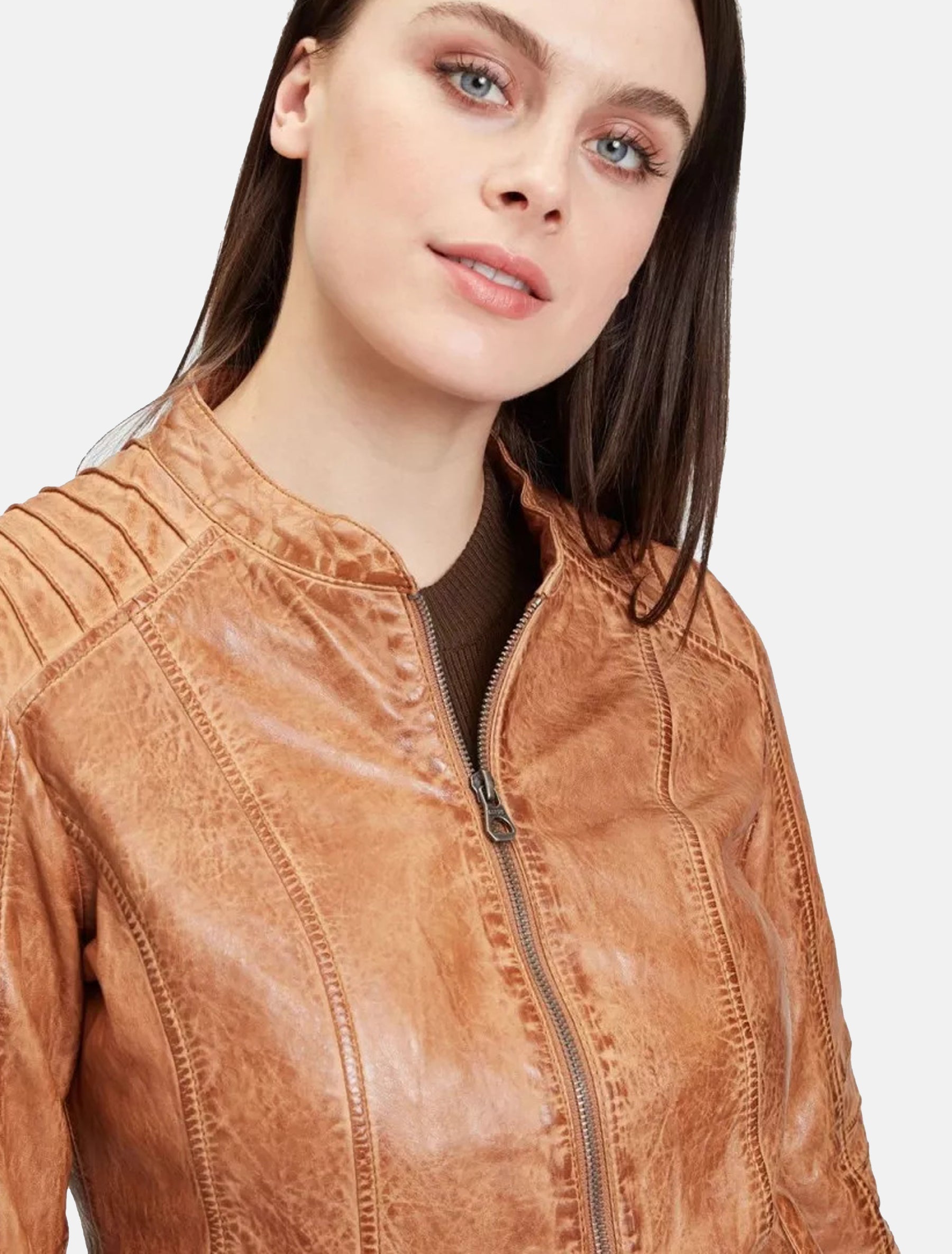 Kurze sportliche Damen Lederjacke mit Steppung - GWJuana S22 LONTV in camel