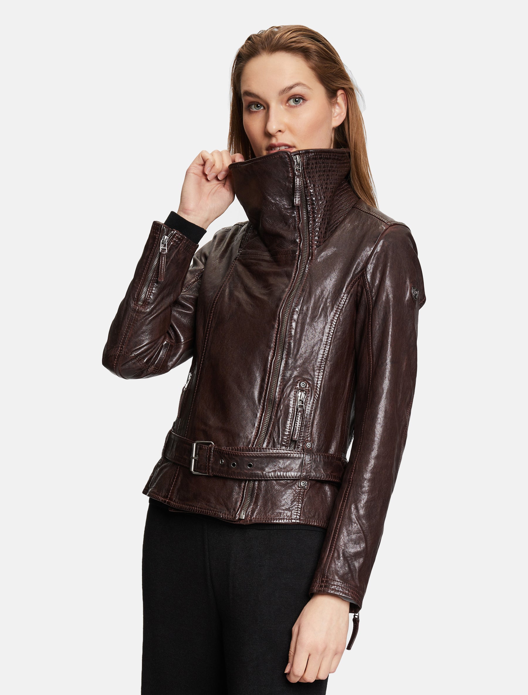 Damen Biker Lederjacke mit großem Kragen und Gürtel - GWLegra LAMAXV in braun