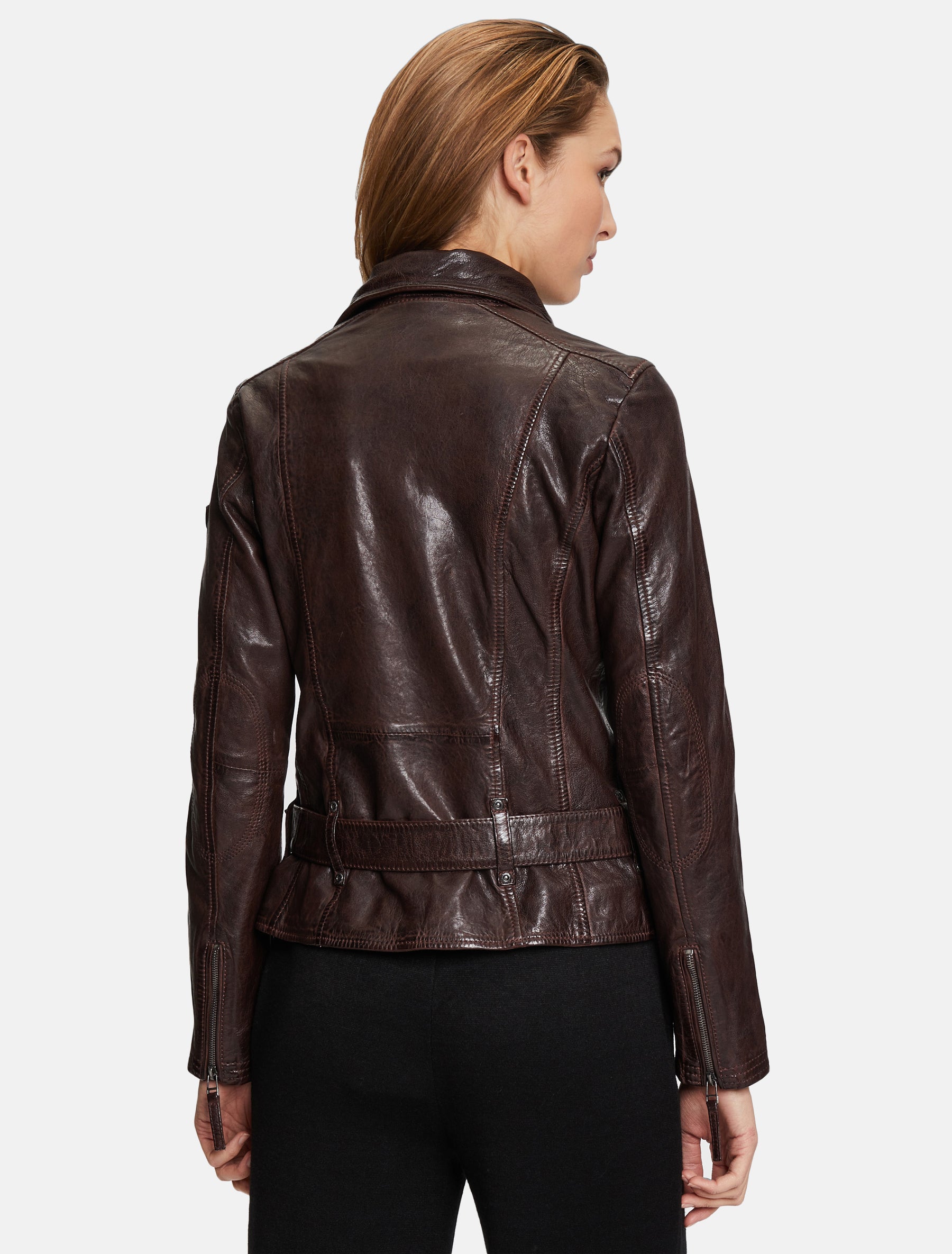 Damen Biker Lederjacke mit großem Kragen und Gürtel - GWLegra LAMAXV in braun