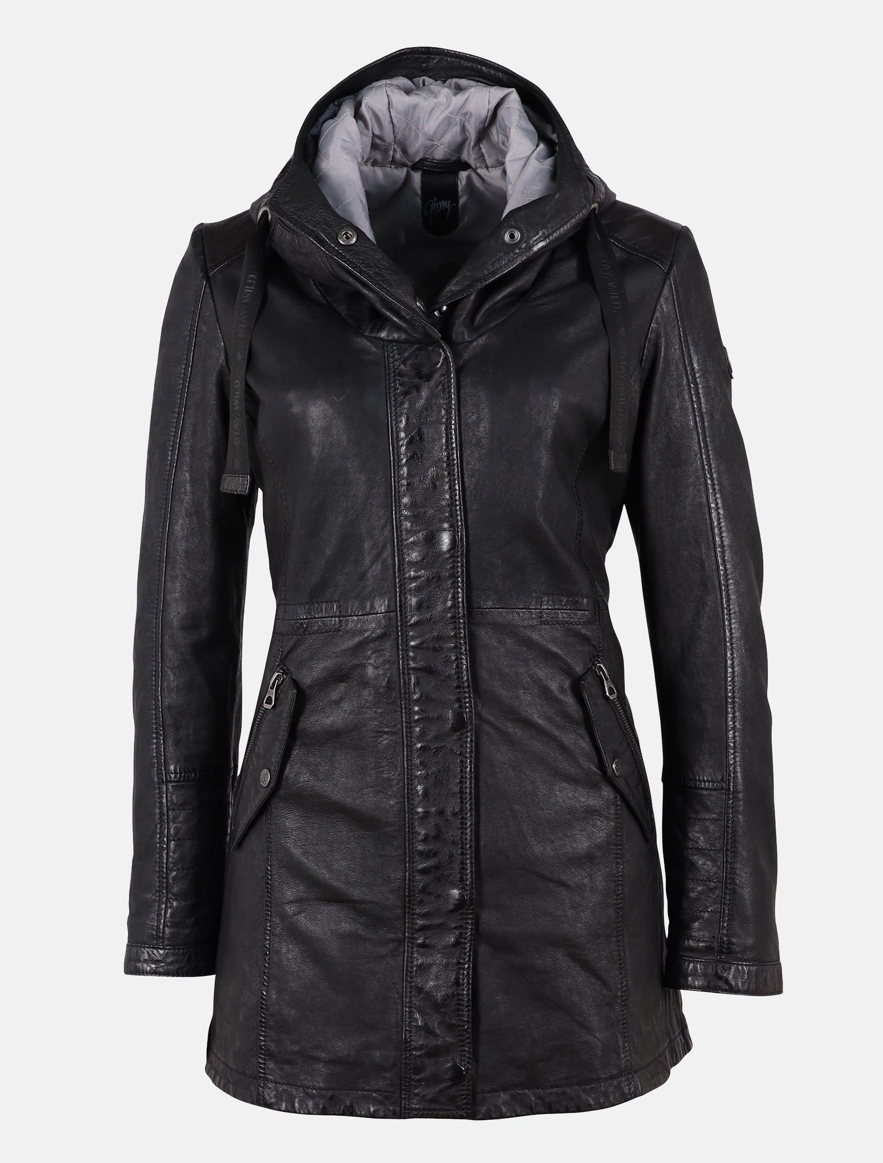 Damen Kurzmantel lange Lederjacke Langjacke mit Kapuze - GWOfira LACORV W in schwarz