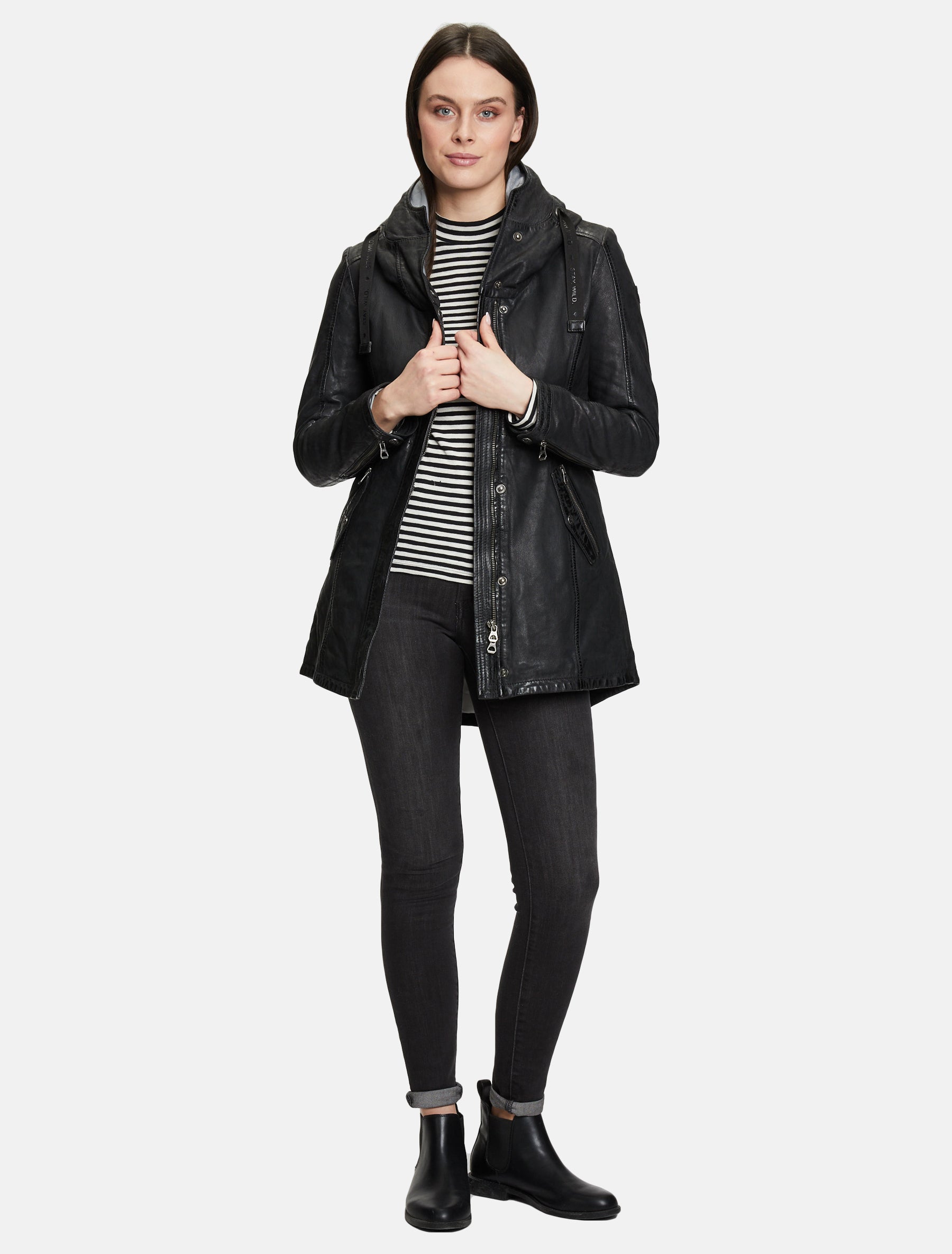 Damen Kurzmantel lange Lederjacke Langjacke mit Kapuze - GWOfira LACORV W in schwarz