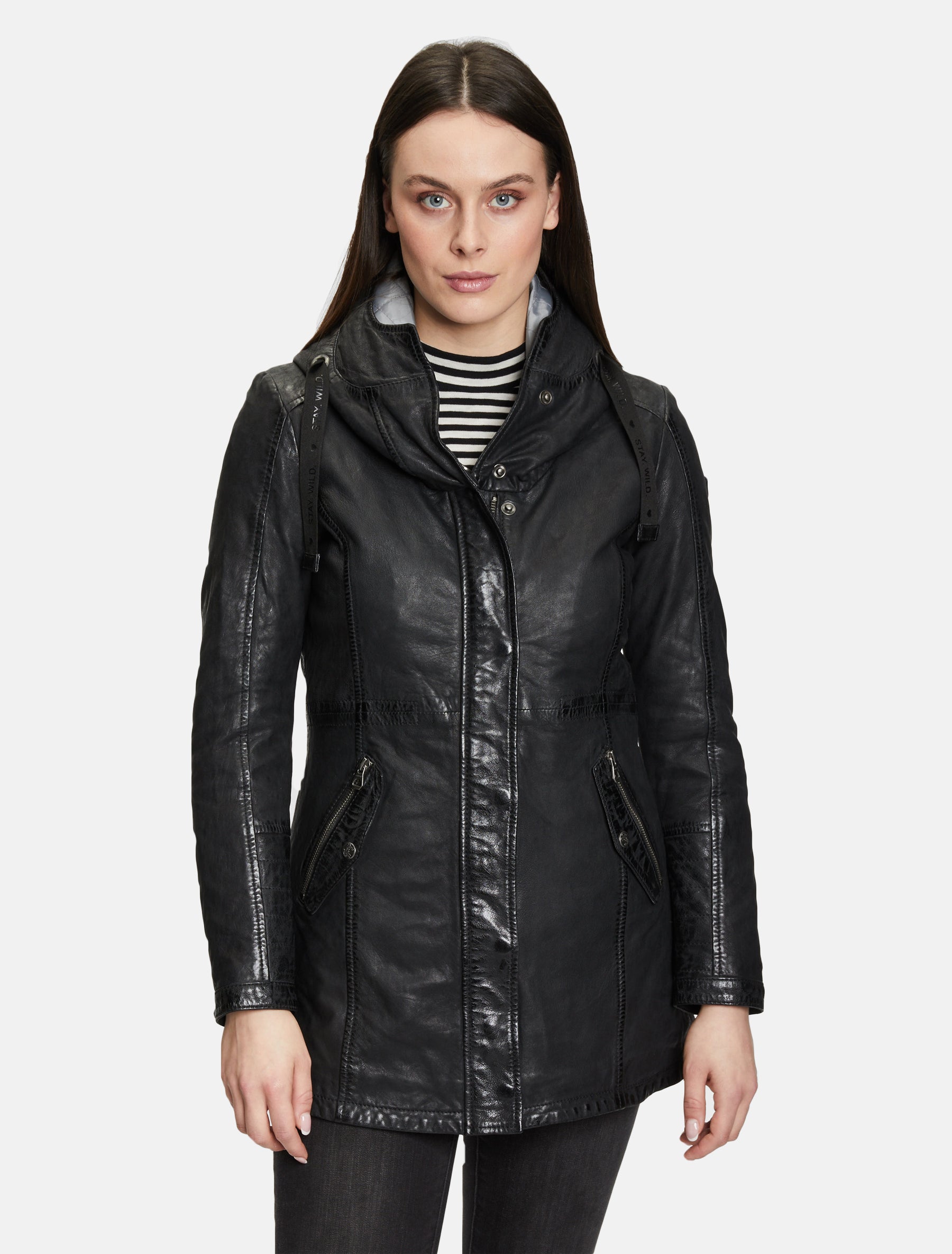 Damen Kurzmantel lange Lederjacke Langjacke mit Kapuze - GWOfira LACORV W in schwarz