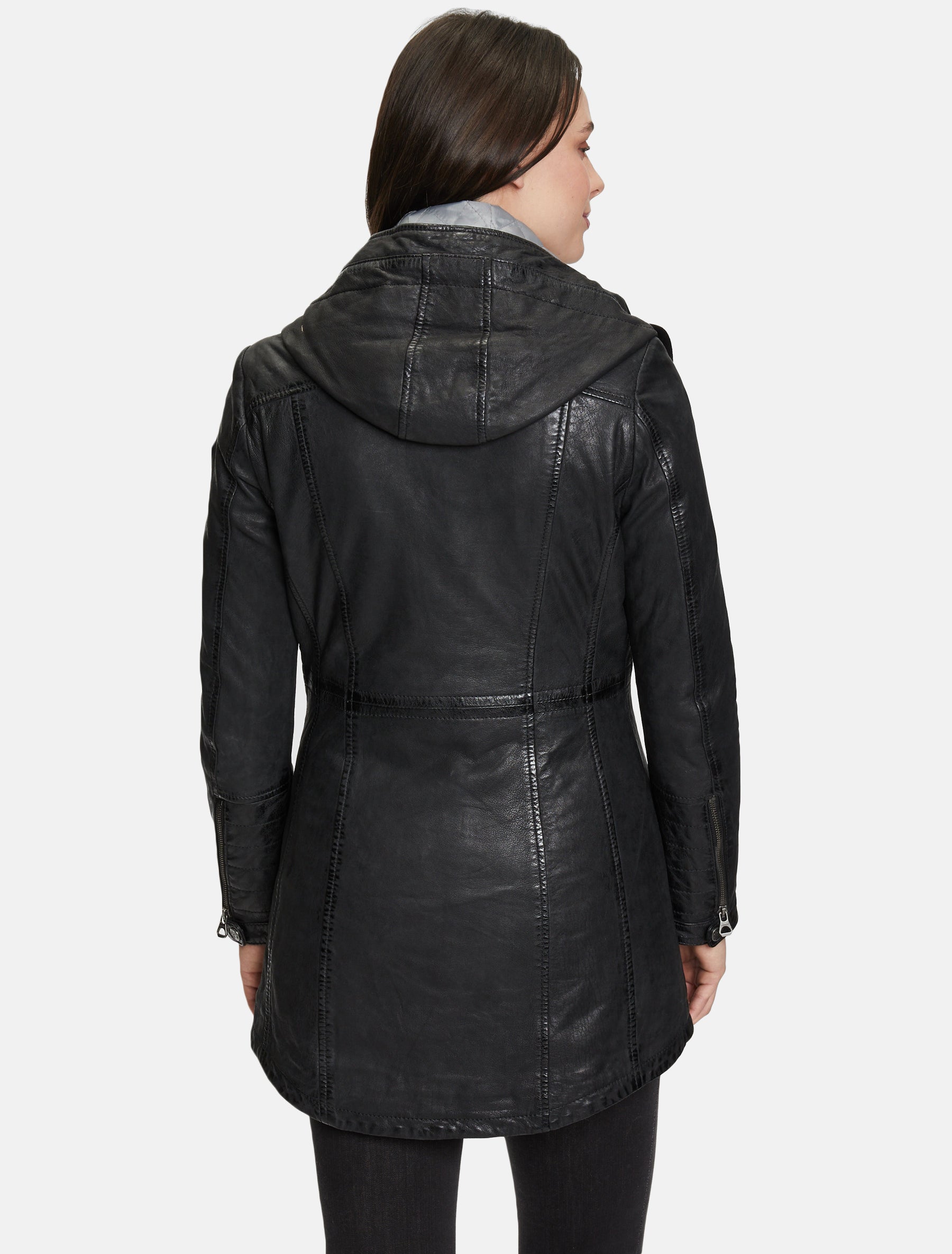 Damen Kurzmantel lange Lederjacke Langjacke mit Kapuze - GWOfira LACORV W in schwarz