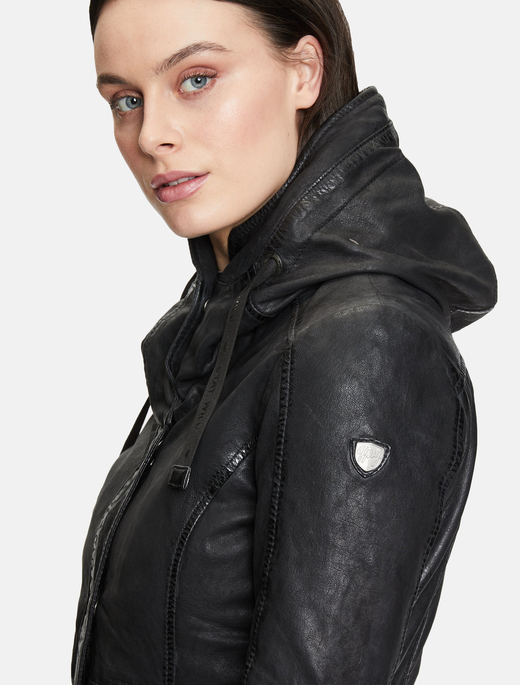 Damen Kurzmantel lange Lederjacke Langjacke mit Kapuze - GWOfira LACORV W in schwarz