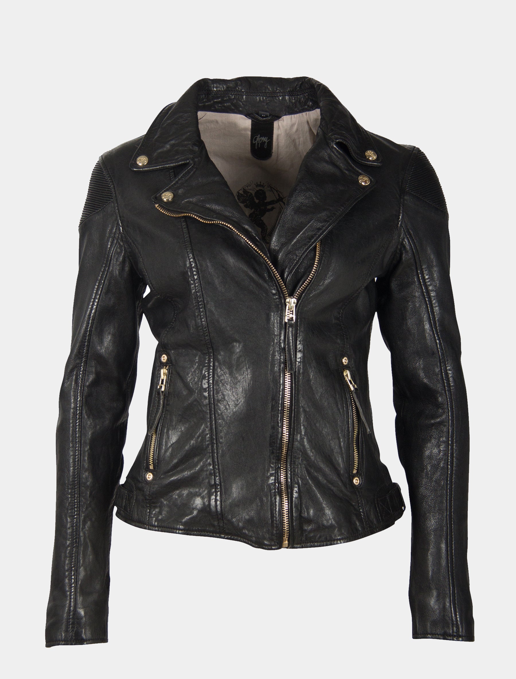 Damen Biker Lederjacke mit gold farbenen Zippern - GWRaizel LACAV in schwarz