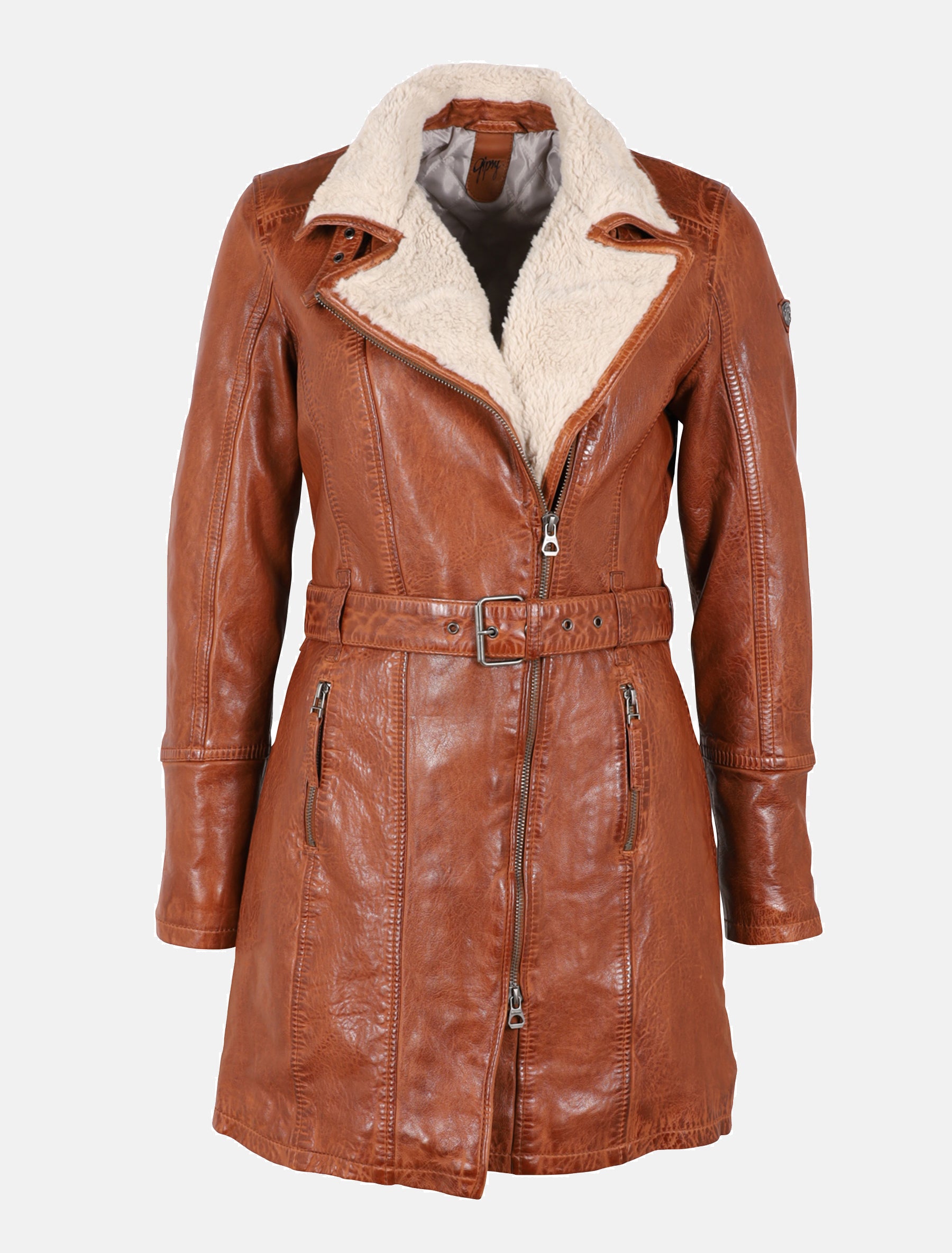 Damen Leder Kurzmantel mit weichem Kragen und Gürtel - GWTamala LARIV W in cognac