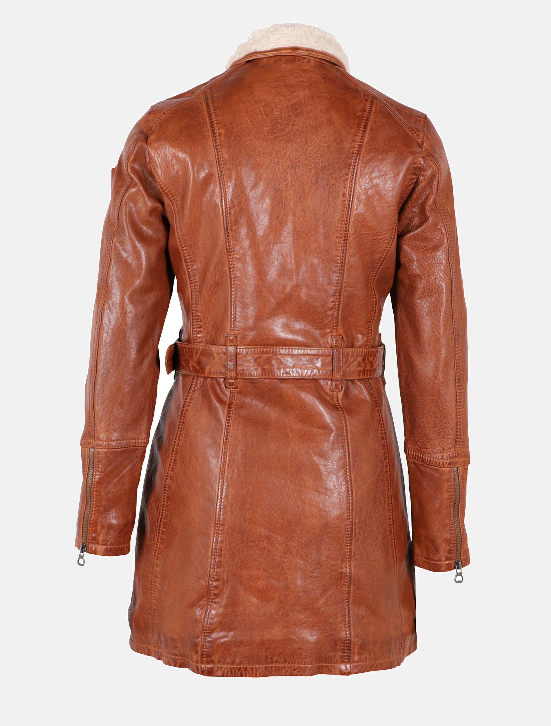 Damen Leder Kurzmantel mit weichem Kragen und Gürtel - GWTamala LARIV W in cognac