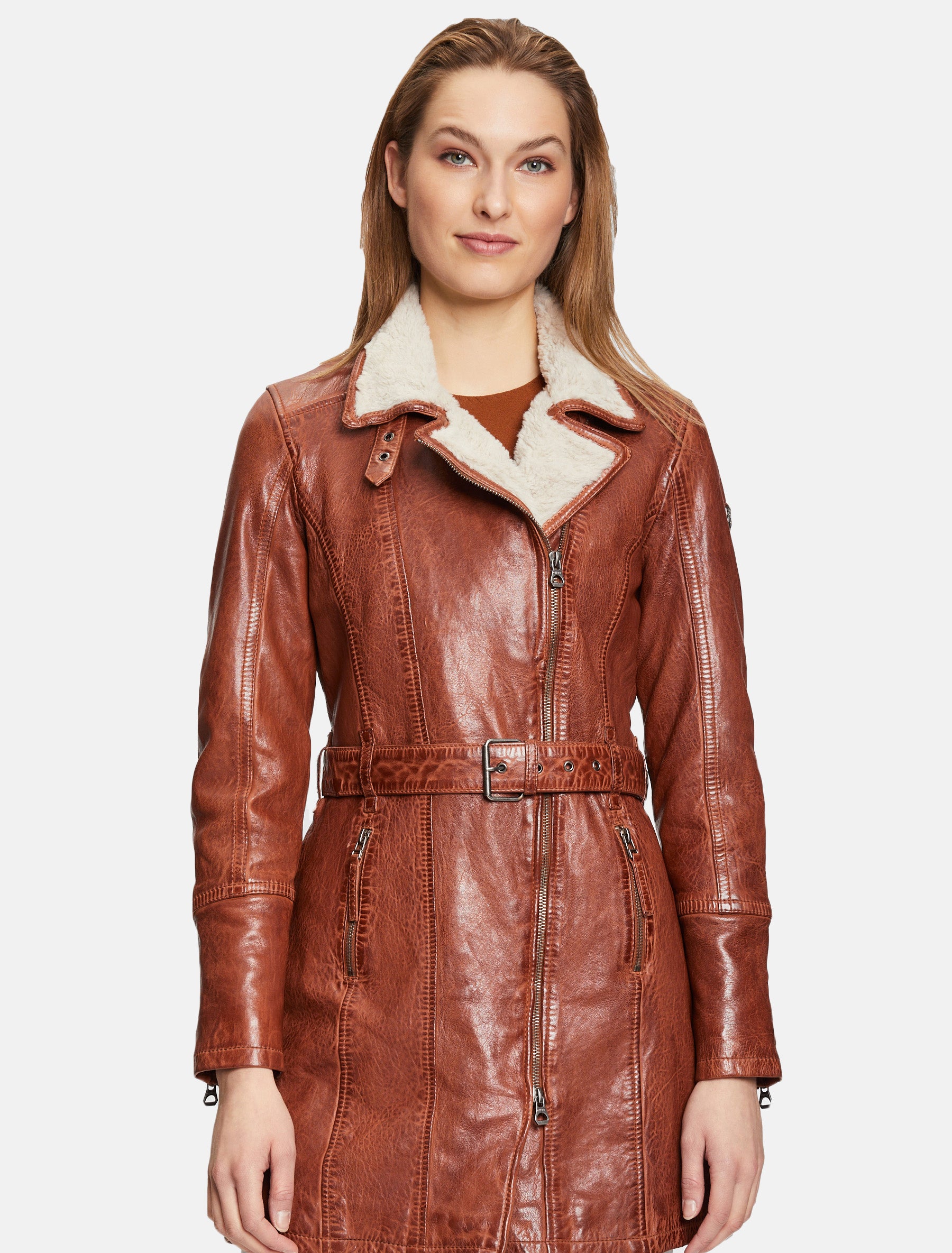 Damen Leder Kurzmantel mit weichem Kragen und Gürtel - GWTamala LARIV W in cognac