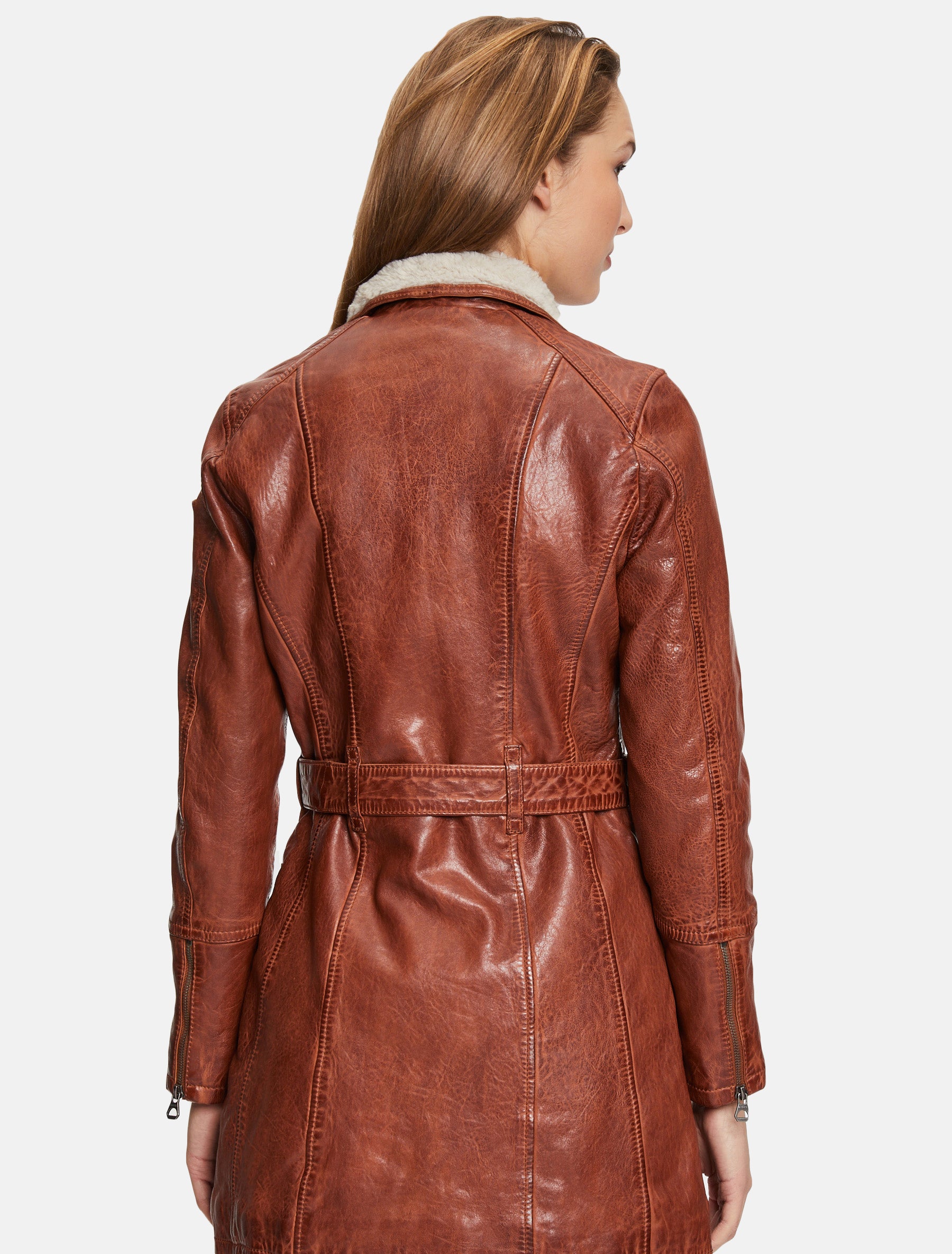 Damen Leder Kurzmantel mit weichem Kragen und Gürtel - GWTamala LARIV W in cognac