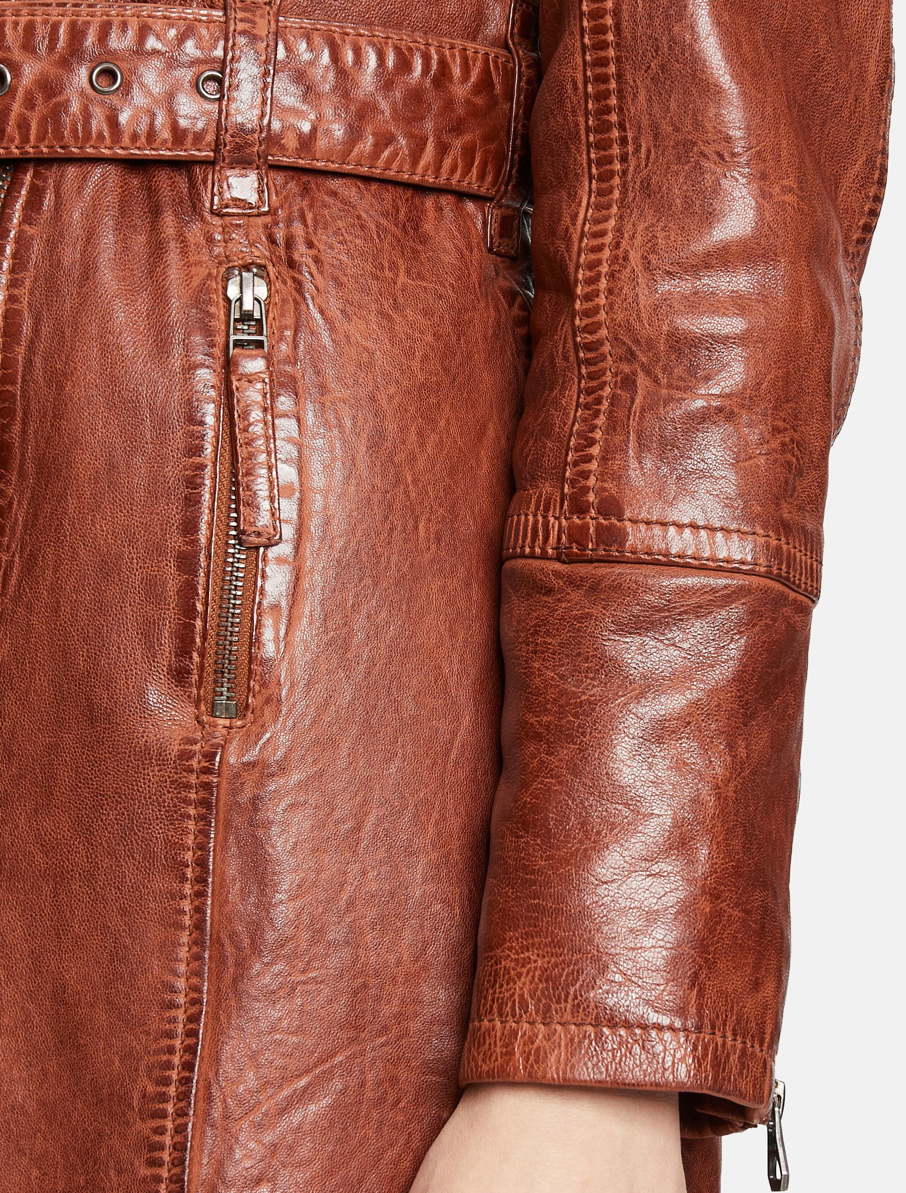 Damen Leder Kurzmantel mit weichem Kragen und Gürtel - GWTamala LARIV W in cognac