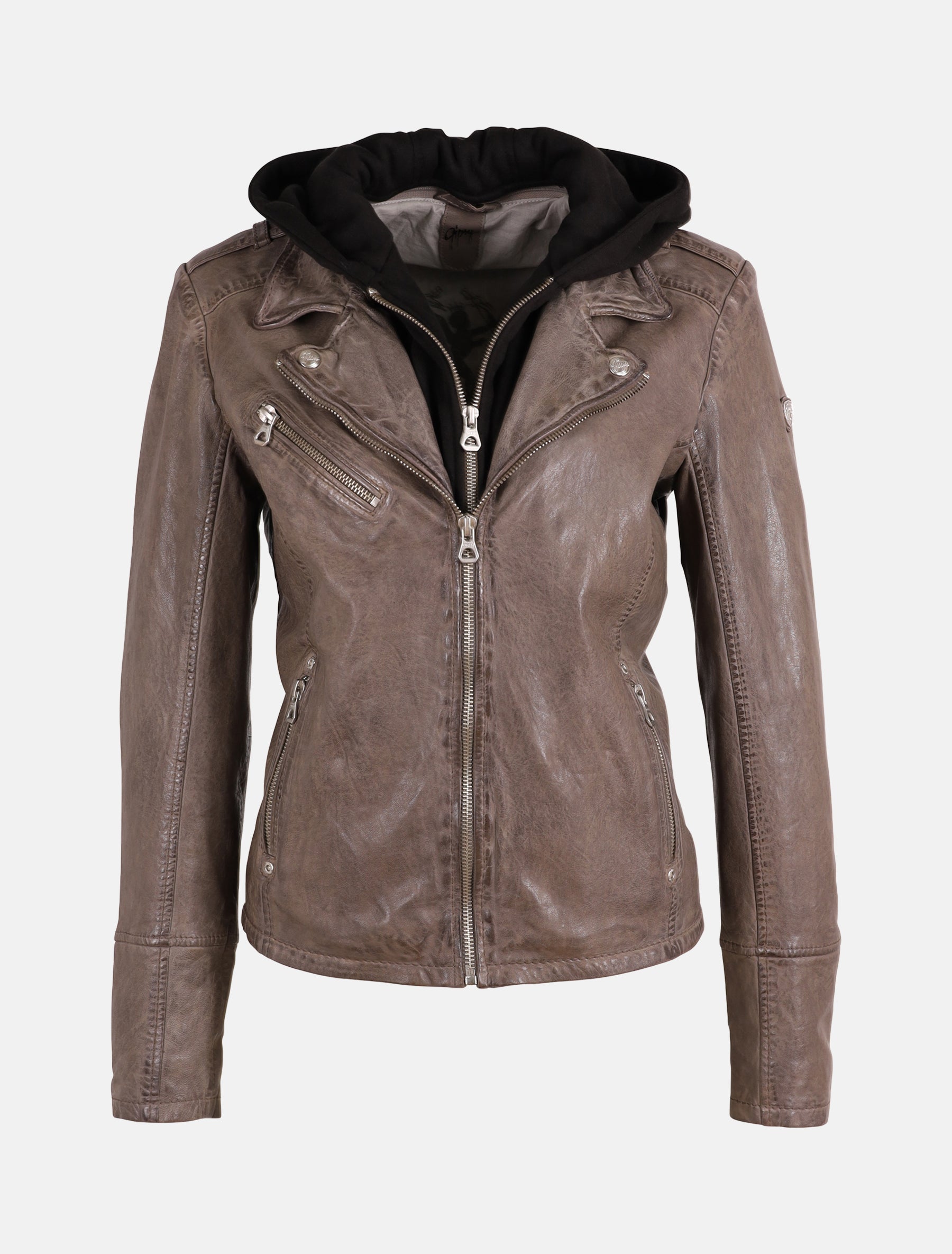 Damen Biker Lederjacke mit abnehmbarer Kapuze - GWVreni LARIV in grau