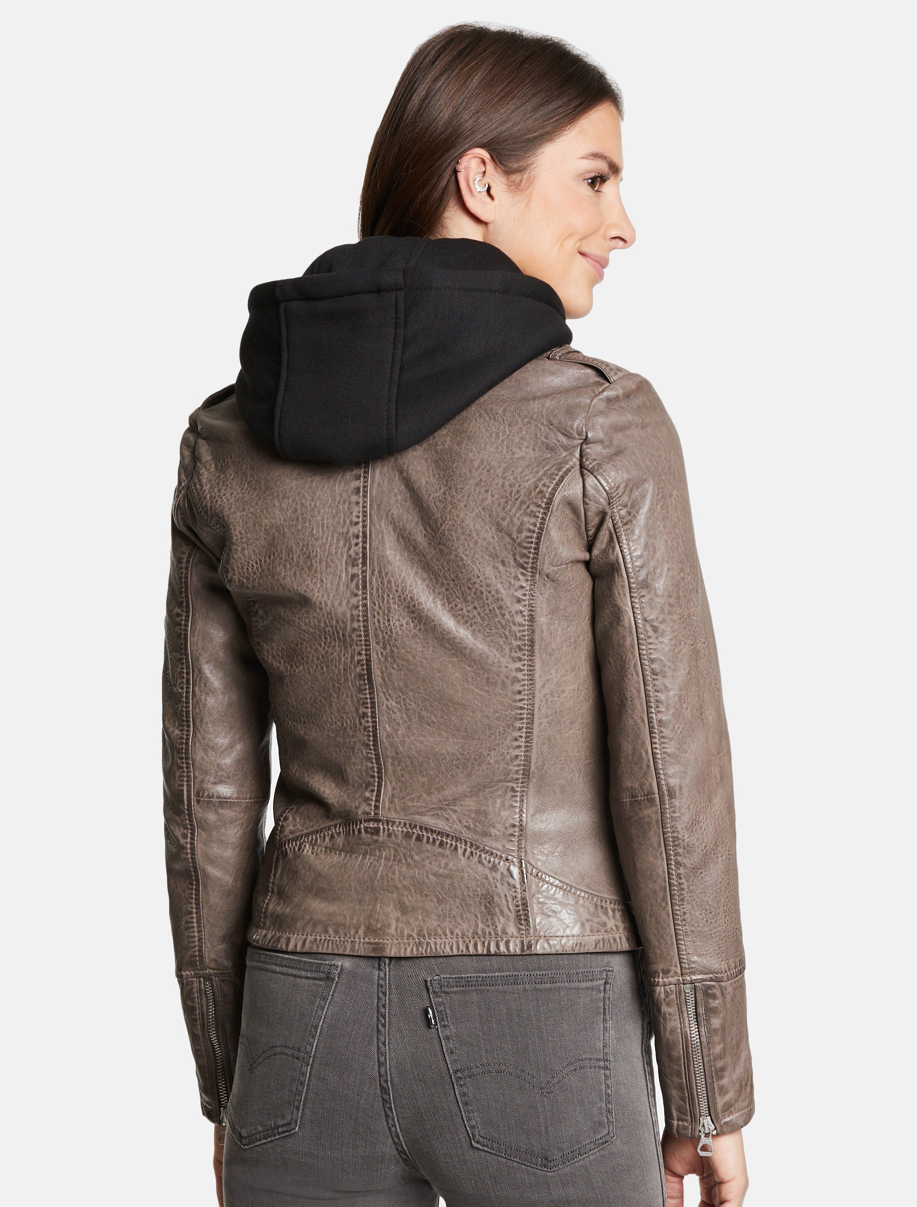 Damen Biker Lederjacke mit abnehmbarer Kapuze - GWVreni LARIV in grau