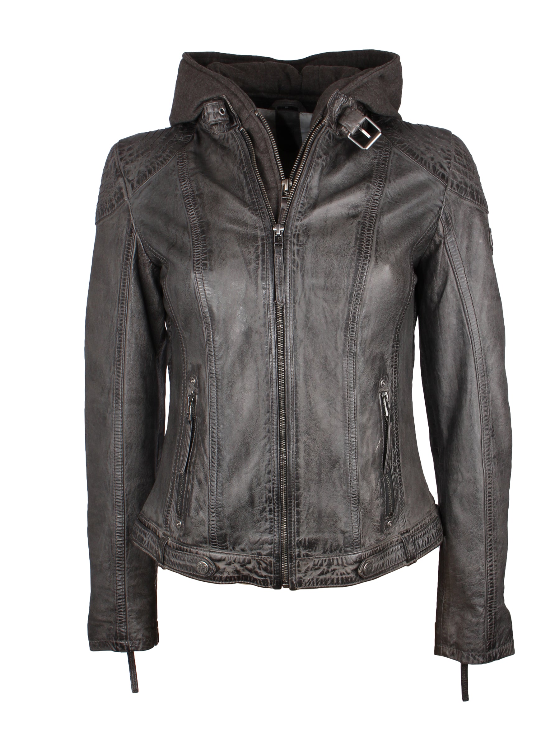 Damen Leder Bikerjacke mit abnehmbarer Kapuze - Gipsy Cacey in anthrazit