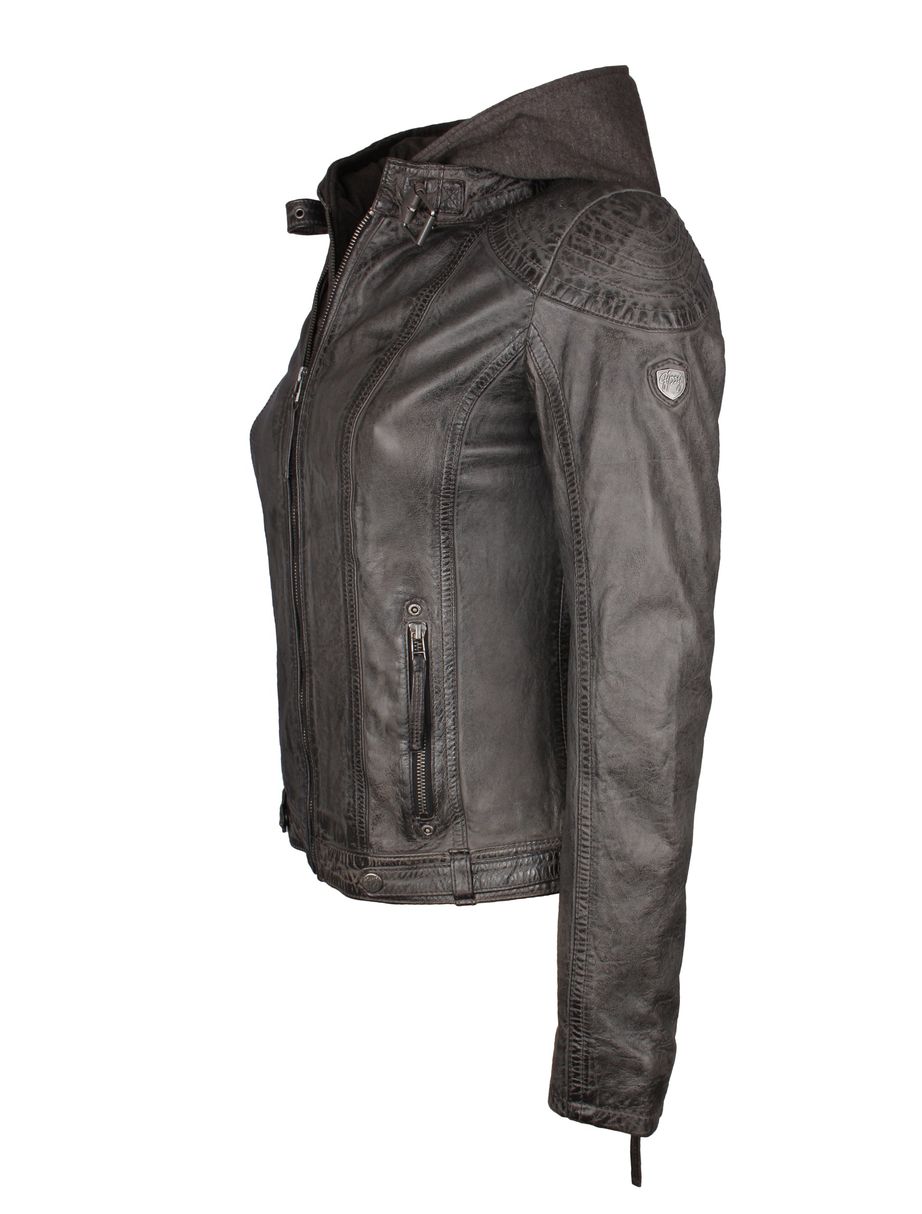 Damen Leder Bikerjacke mit abnehmbarer Kapuze - Gipsy Cacey in anthrazit