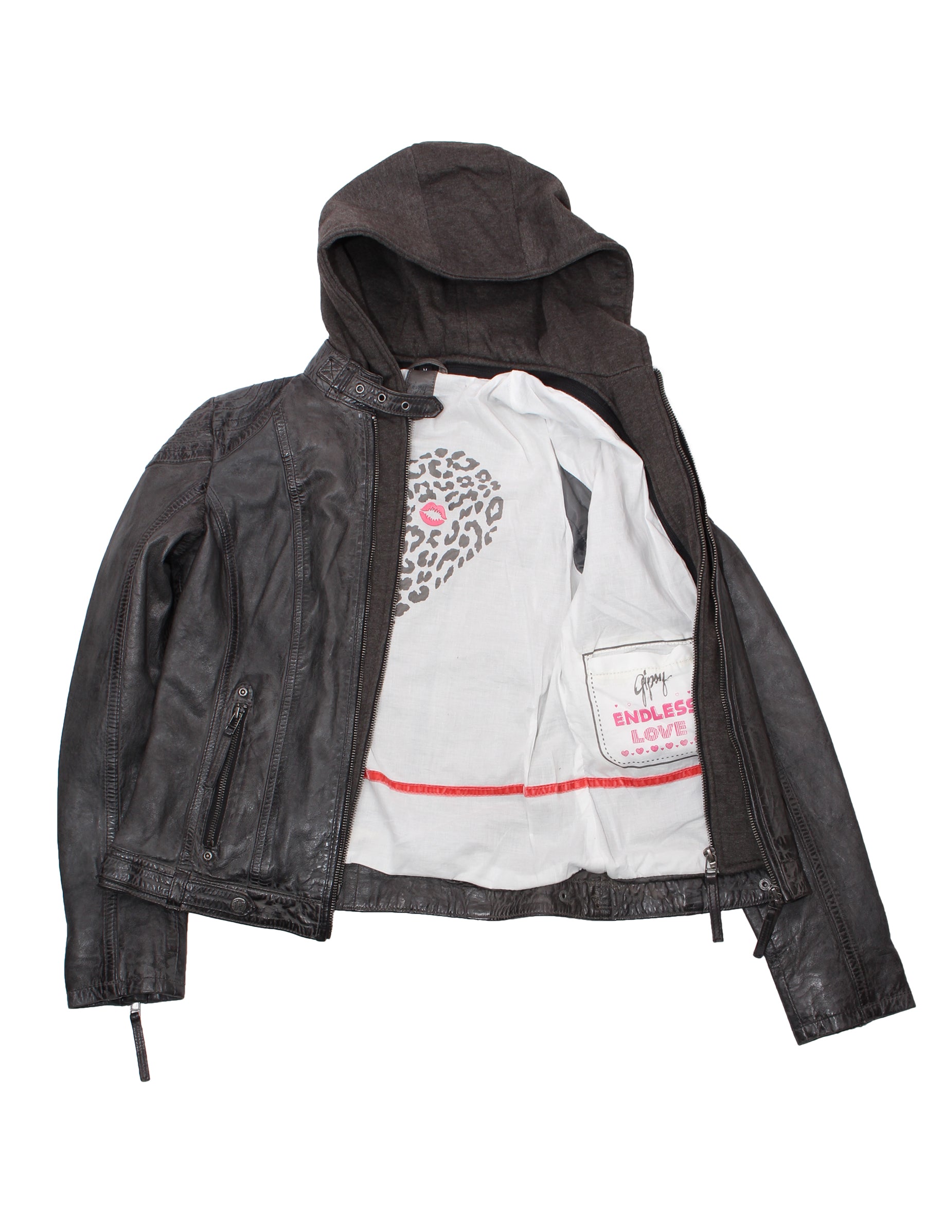 Damen Leder Bikerjacke mit abnehmbarer Kapuze - Gipsy Cacey in anthrazit