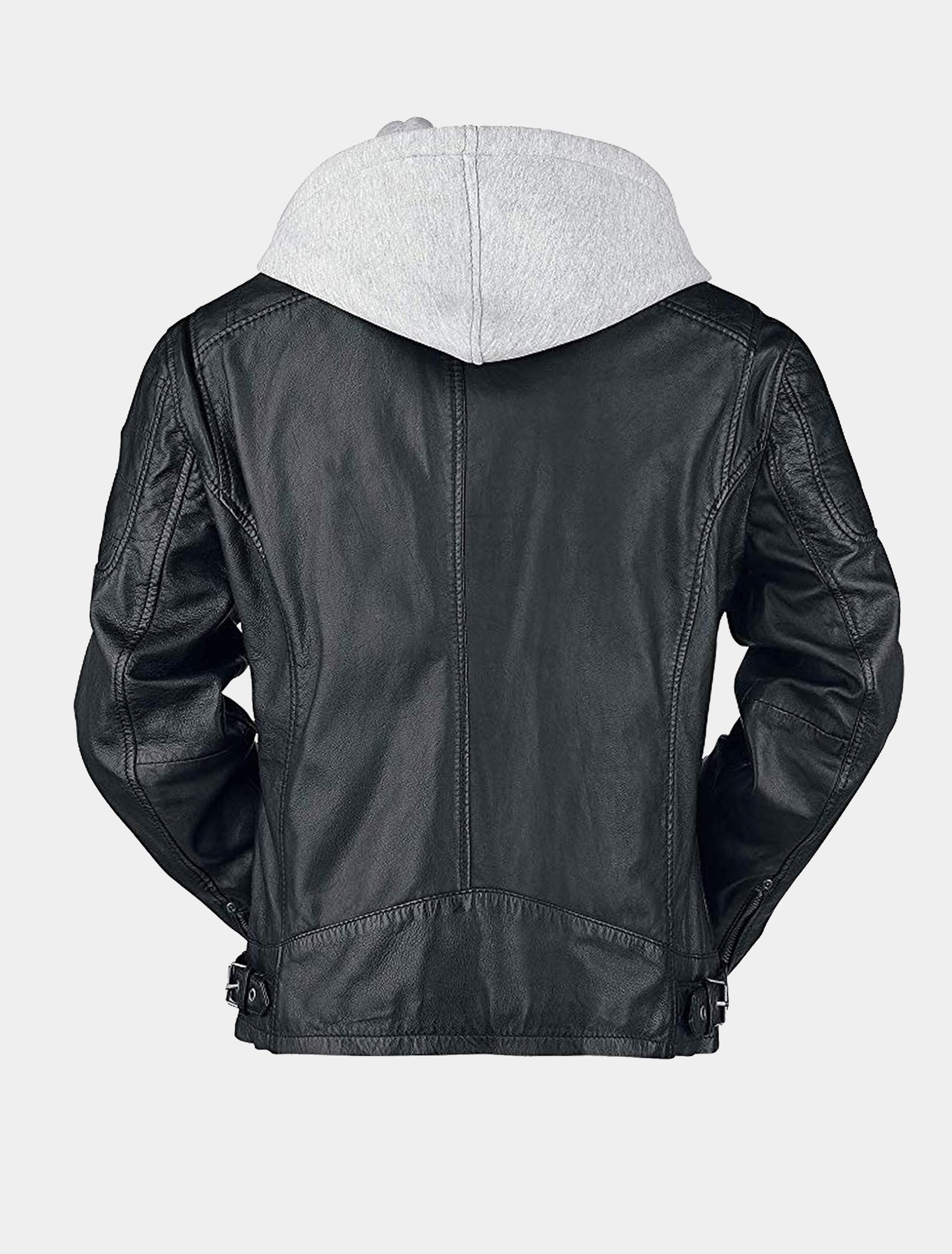 Herren Biker Lederjacke mit Stehkragen und grauer Kapuze - Rylo LAKEV in schwarz
